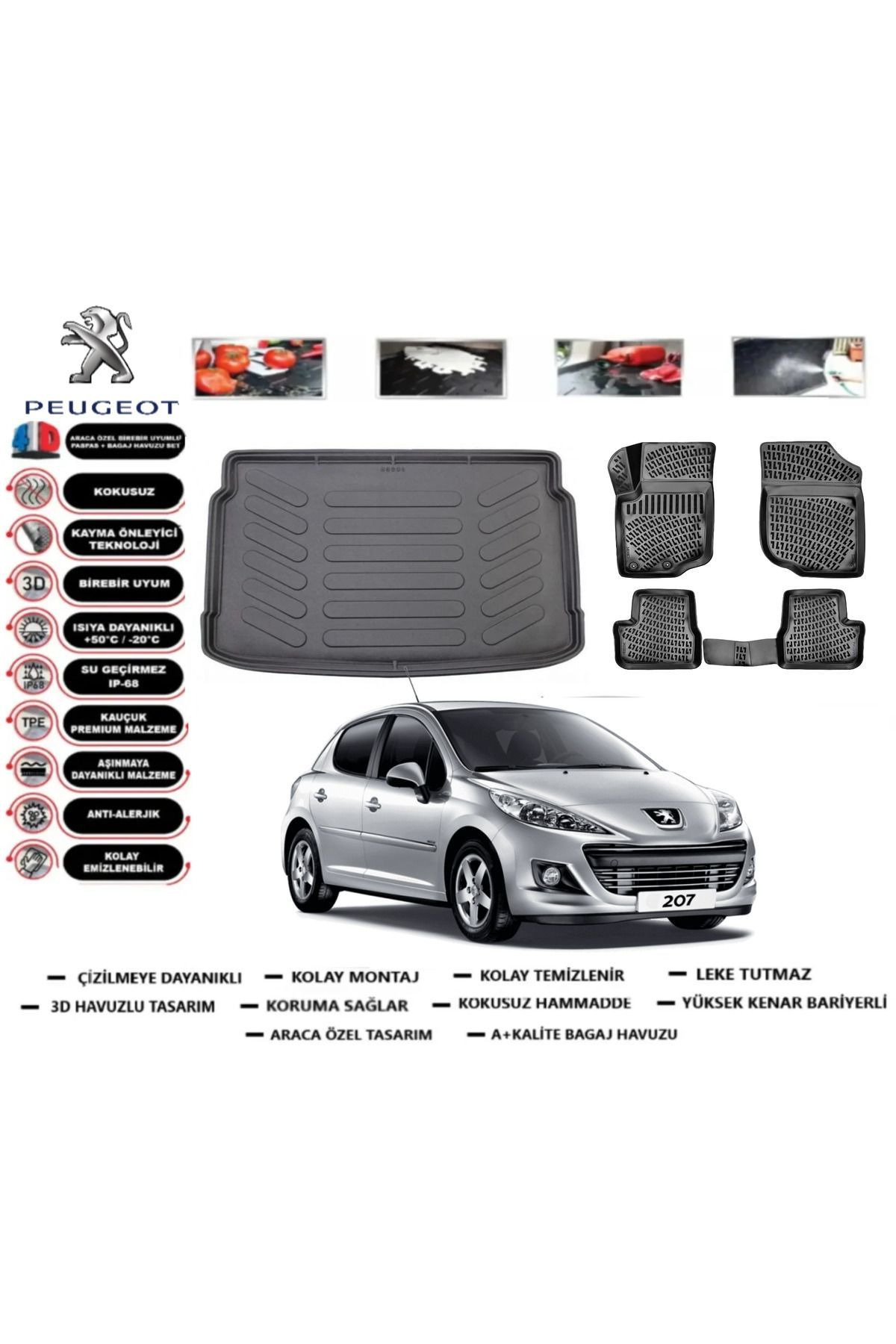 Peugeot 207 HB 2013 Model Bagaj Havuzu Araca Özel Paspas Takımı Prrox