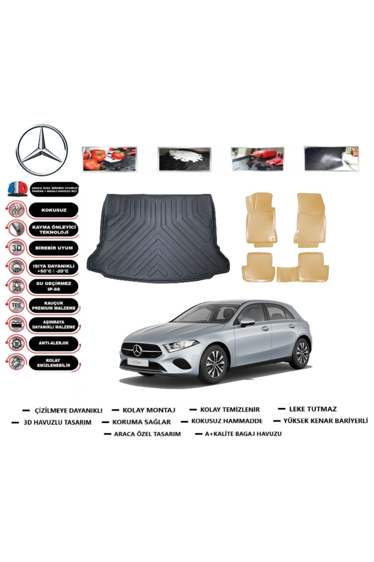 Mercedes A Serisi W177 HB Kulaksız 2022 Model Bagaj Havuzu+Araca Özel Bej Paspas Takımı Flex