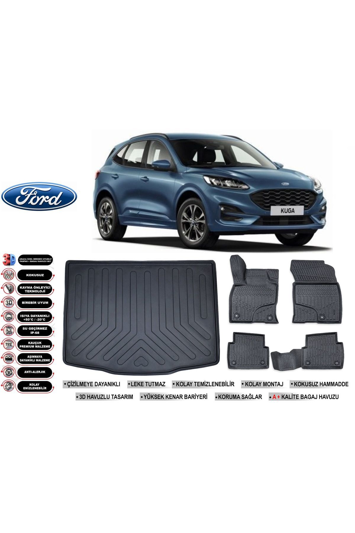 Ford Kuga 2021 Model Bagaj Havuzu Araca Özel Siyah Havuzlu Paspas Takımı Sett
