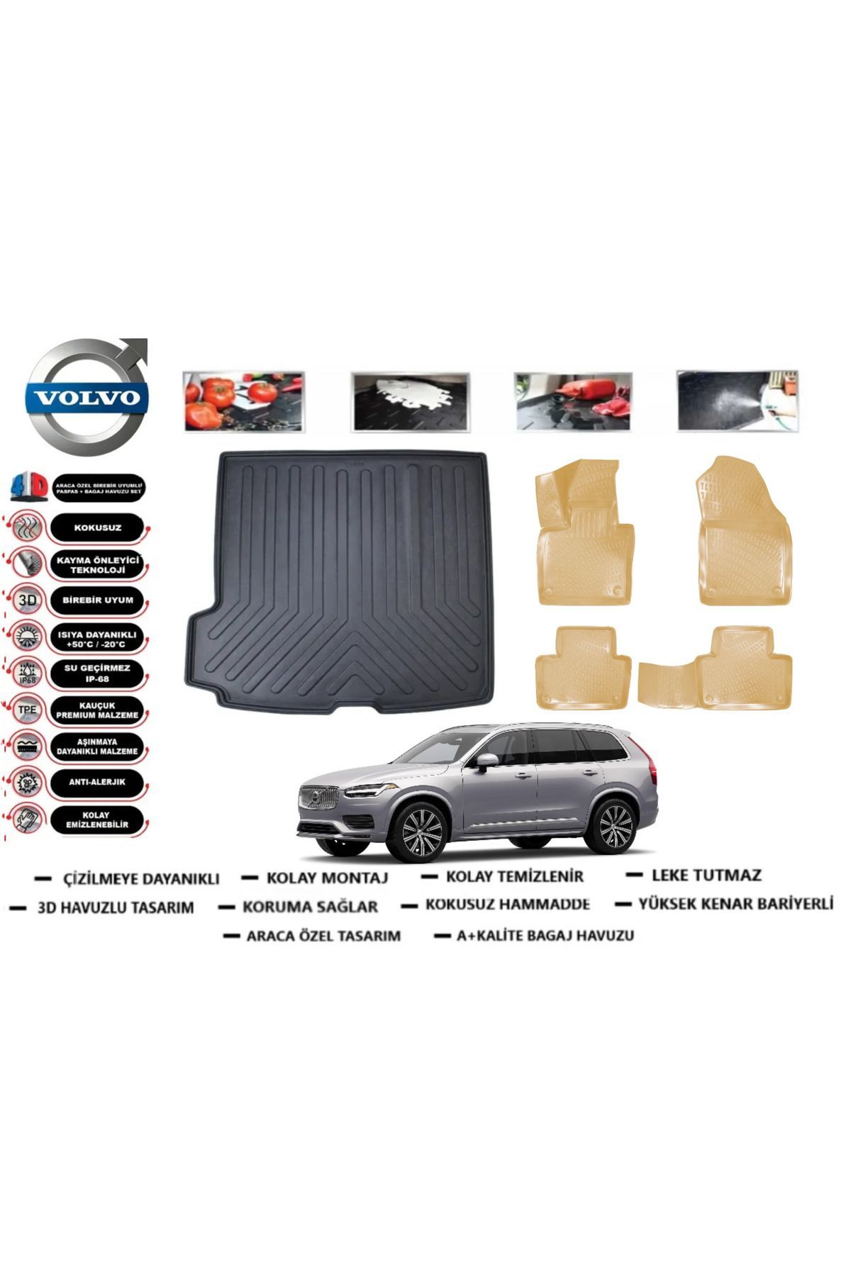Volvo XC90 2024 Model 5 Koltuk Bagaj Havuzu(paspası)+Araca Özel Bej Paspas Takımı Flex