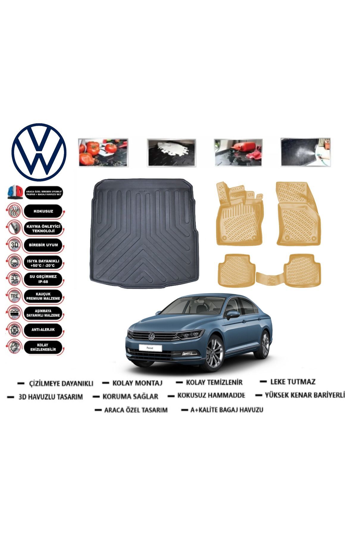 Volkswagen Passat B8 Sedan 2016 Model Bagaj Havuzu+Araca Özel Bej Paspas Takımı Flex