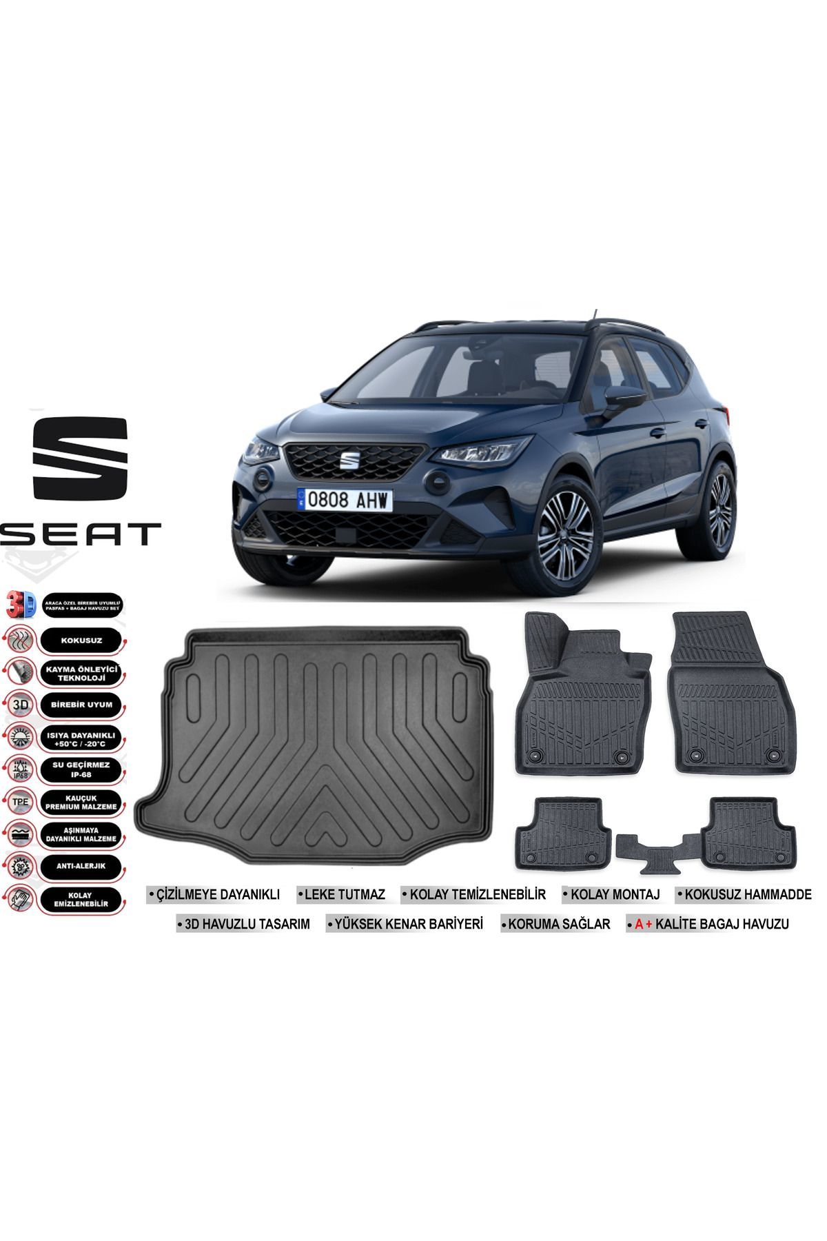Seat Arona 2025 Model Alt Bagaj Havuzu Araca Özel Siyah Havuzlu Paspas Takımı Sett