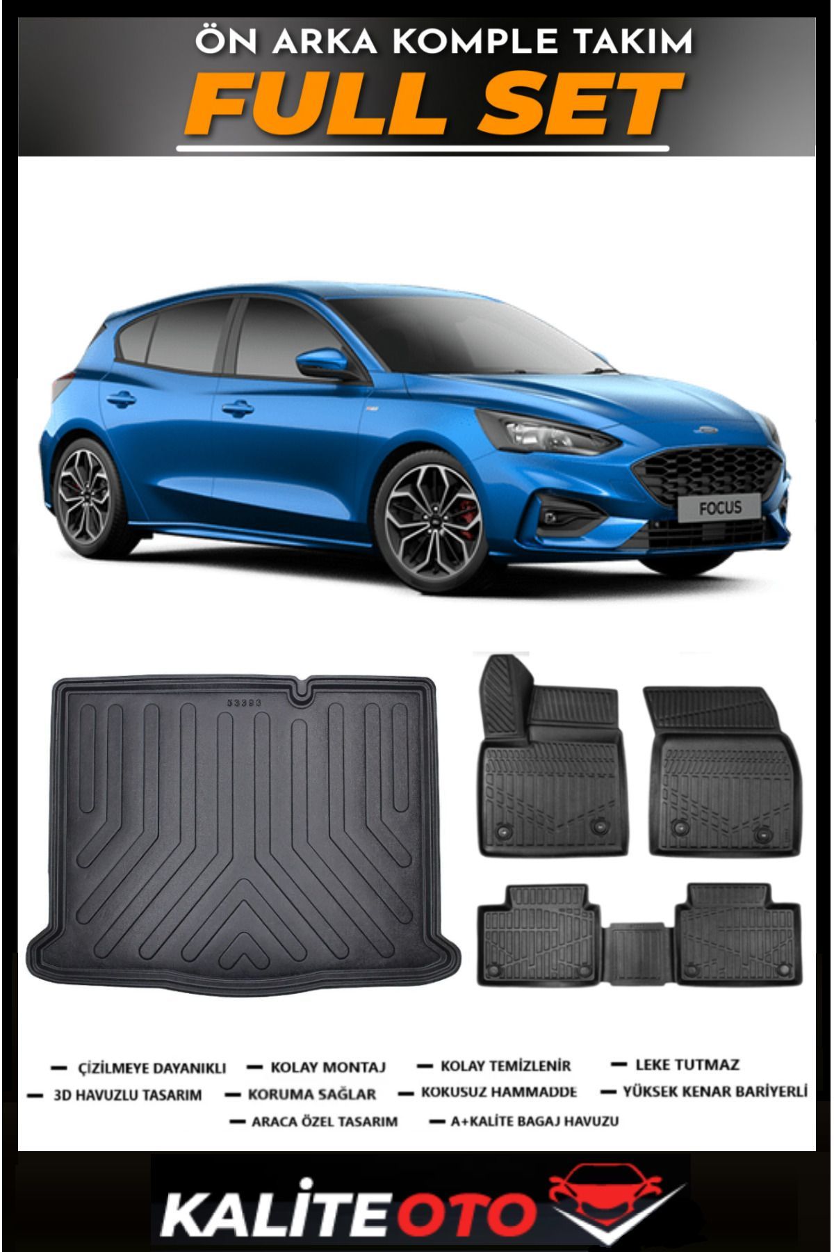 Ford Focus 5 Hatchback Stepneli Bagaj Havuzu+4.5D Havuzlu Paspas Seti 2020 Model