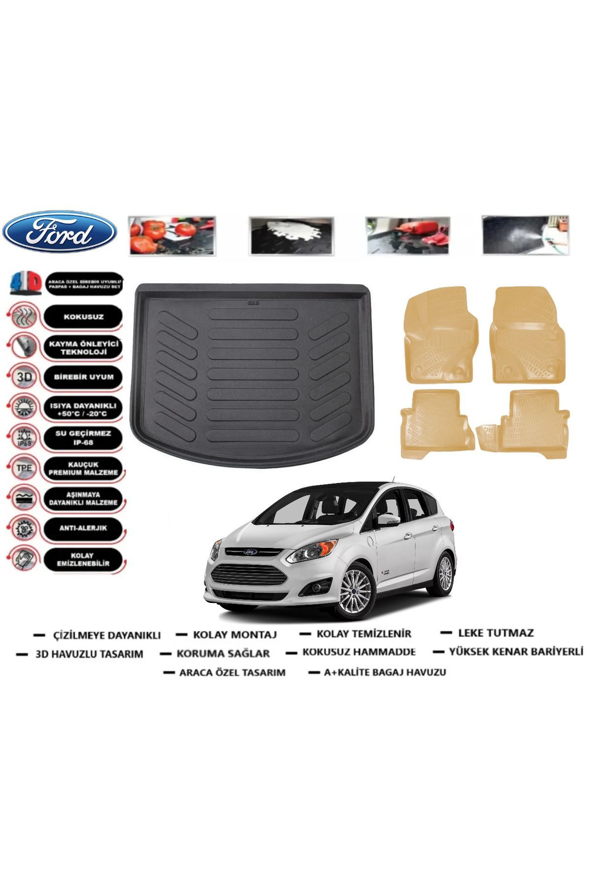 Ford C-Max 2011 Model Bagaj Havuzu+Araca Özel Bej Paspas Takımı Flex