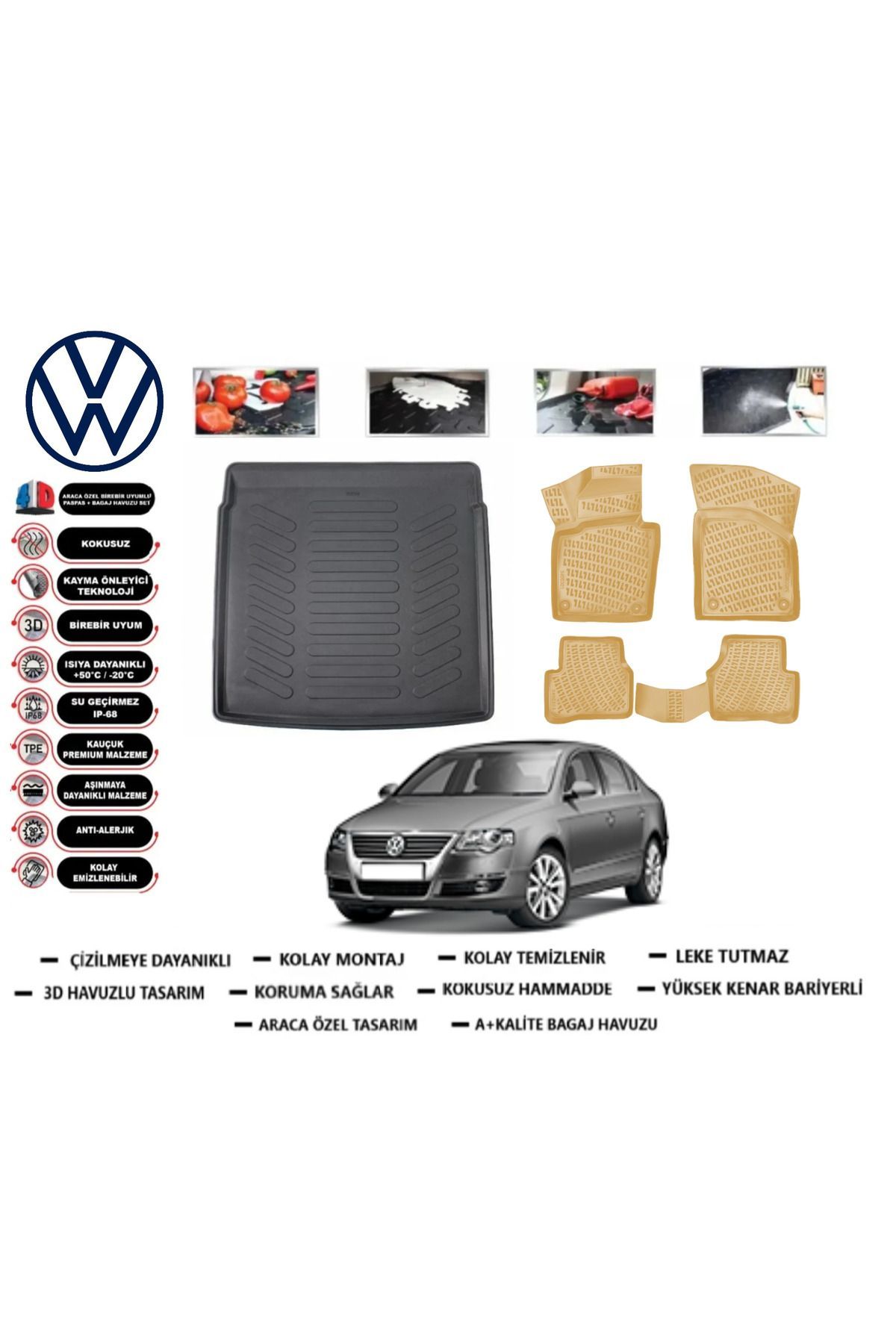 Volkswagen Passat B6 2005 Model Bagaj Havuzu+Araca Özel Bej Paspas Takımı Flex