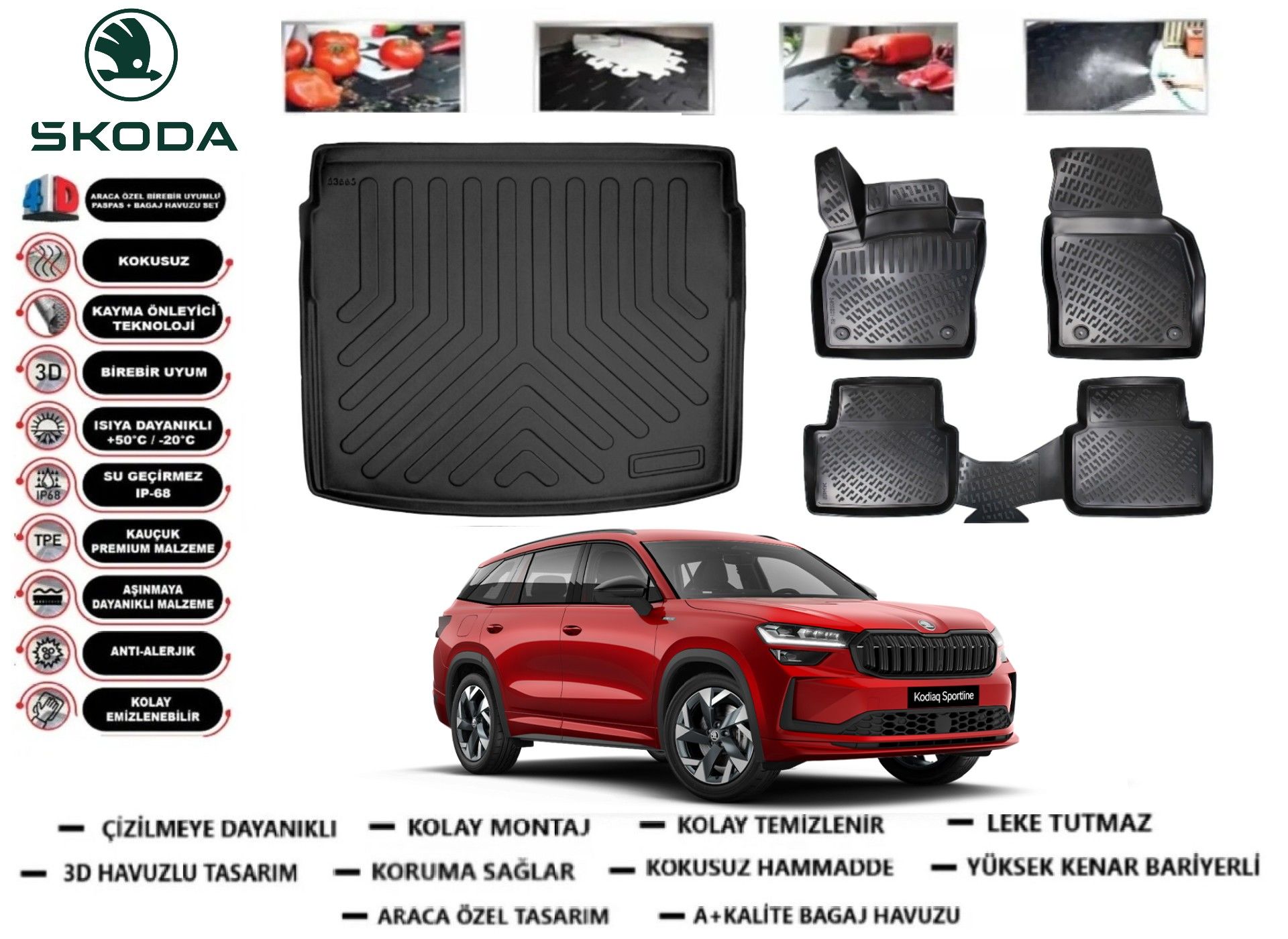Skoda Kodiaq 2024 Sonrası 3D Alt Bagaj Havuzu+3D Araca Özel Paspas Takımı