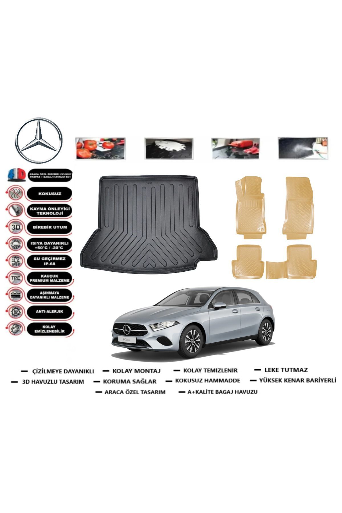 Mercedes A Serisi W177 SEDAN Kulaklı 2021 Model Bagaj Havuzu+Araca Özel Bej Paspas Takımı Flex