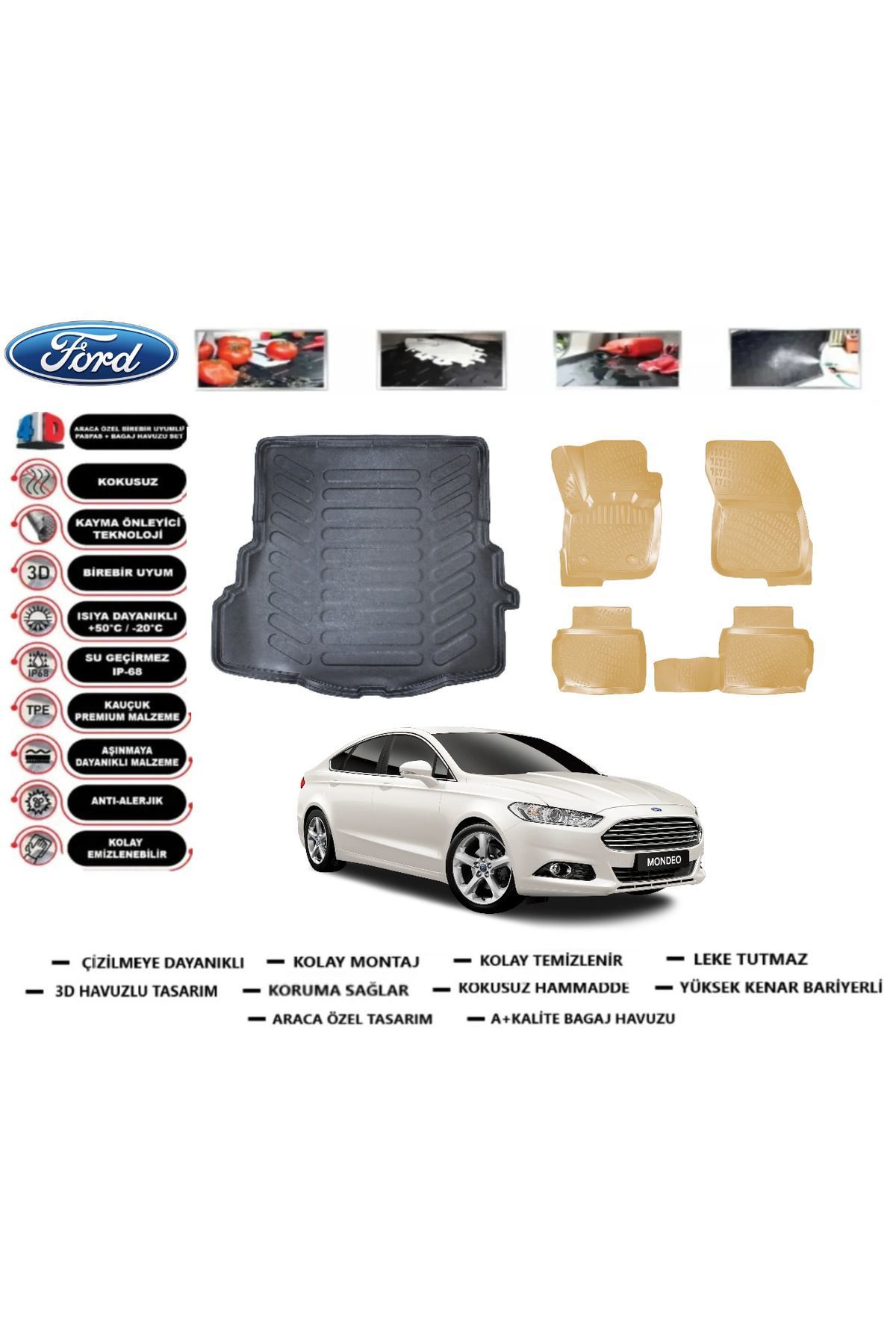 Ford Mondeo 2020 Model Bagaj Havuzu+Araca Özel Bej Paspas Takımı Flex