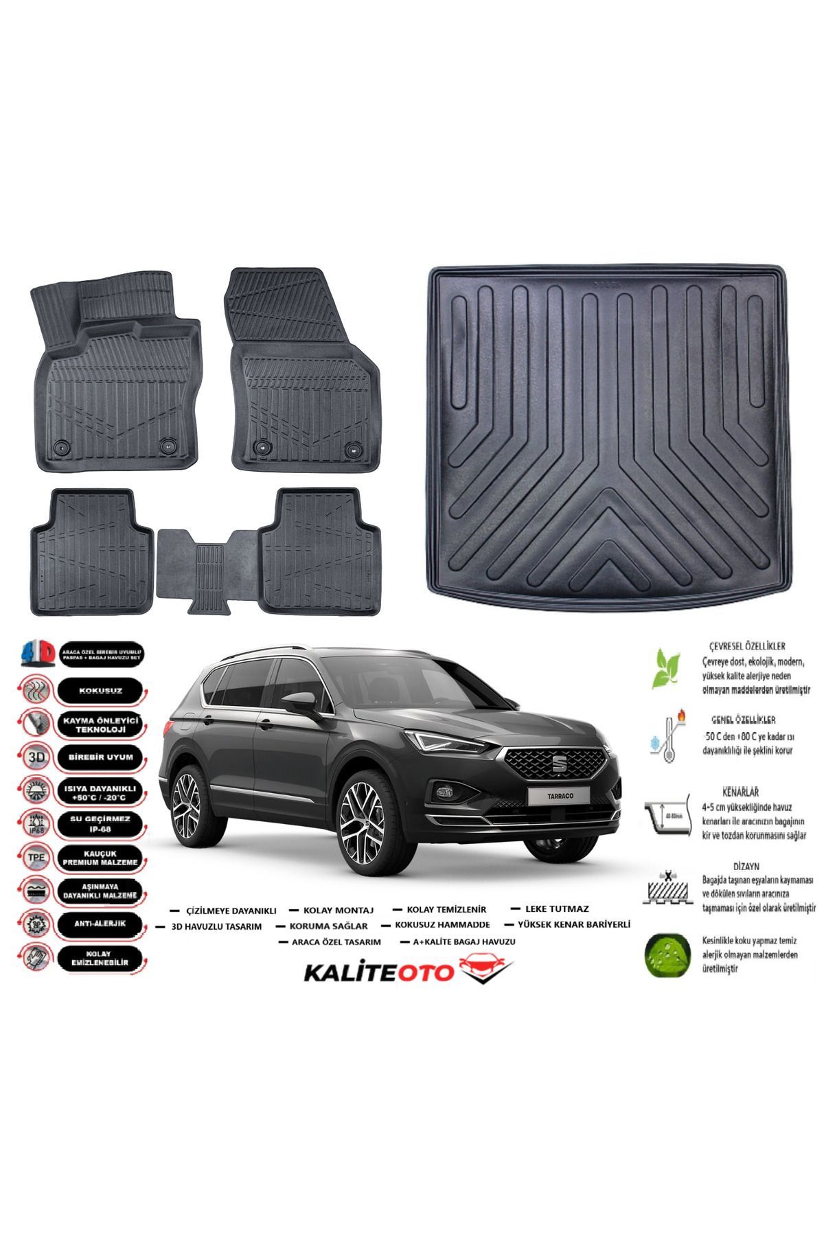 Seat Taracco 2022 Model 5 Koltuk Esnek Bagaj Havuzu Araca Özel Siyah Paspas Takımı