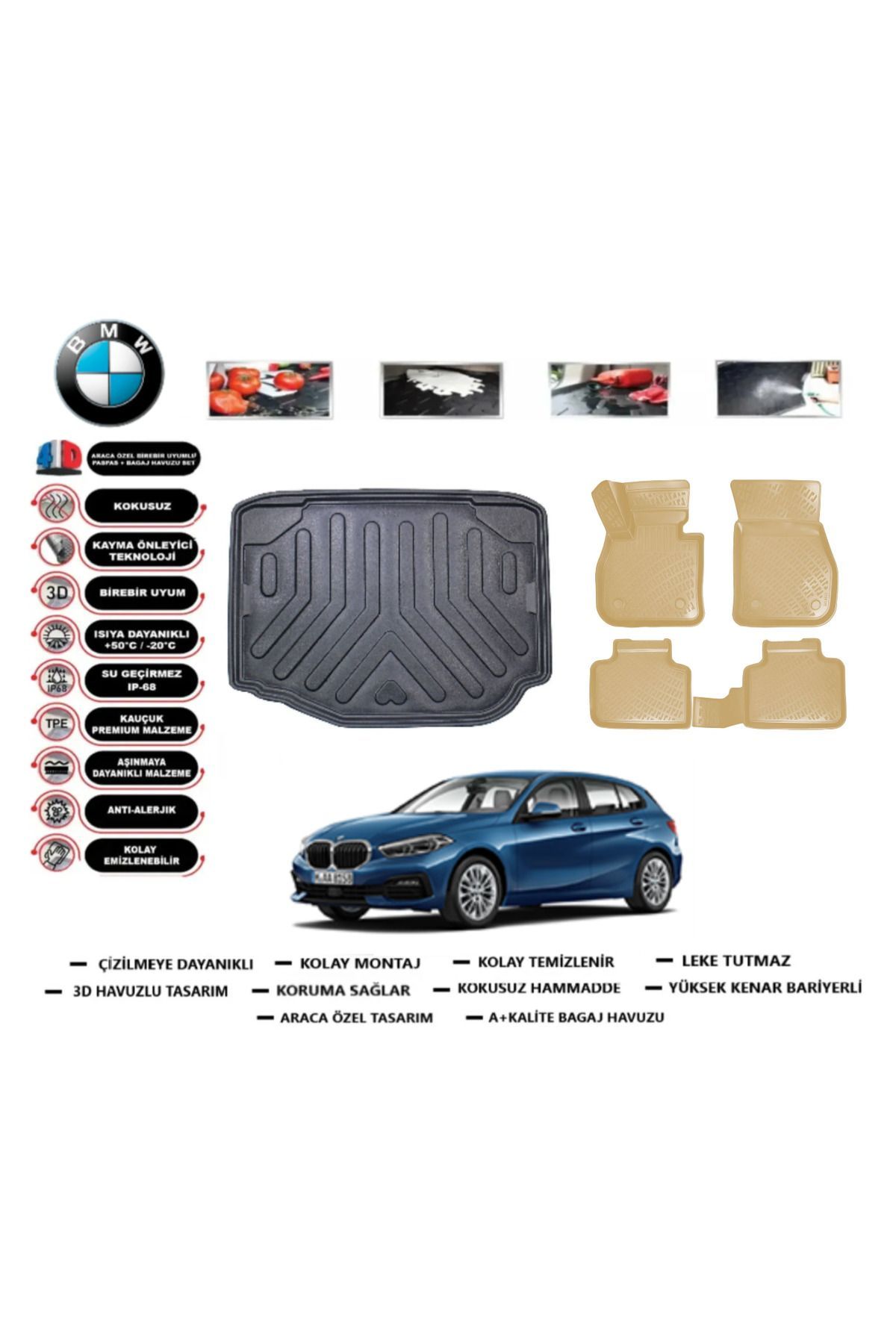 Bmw 1 serisi F40 2021 Model Alt Bagaj Havuzu+Araca Özel Bej Paspas Takımı Flex
