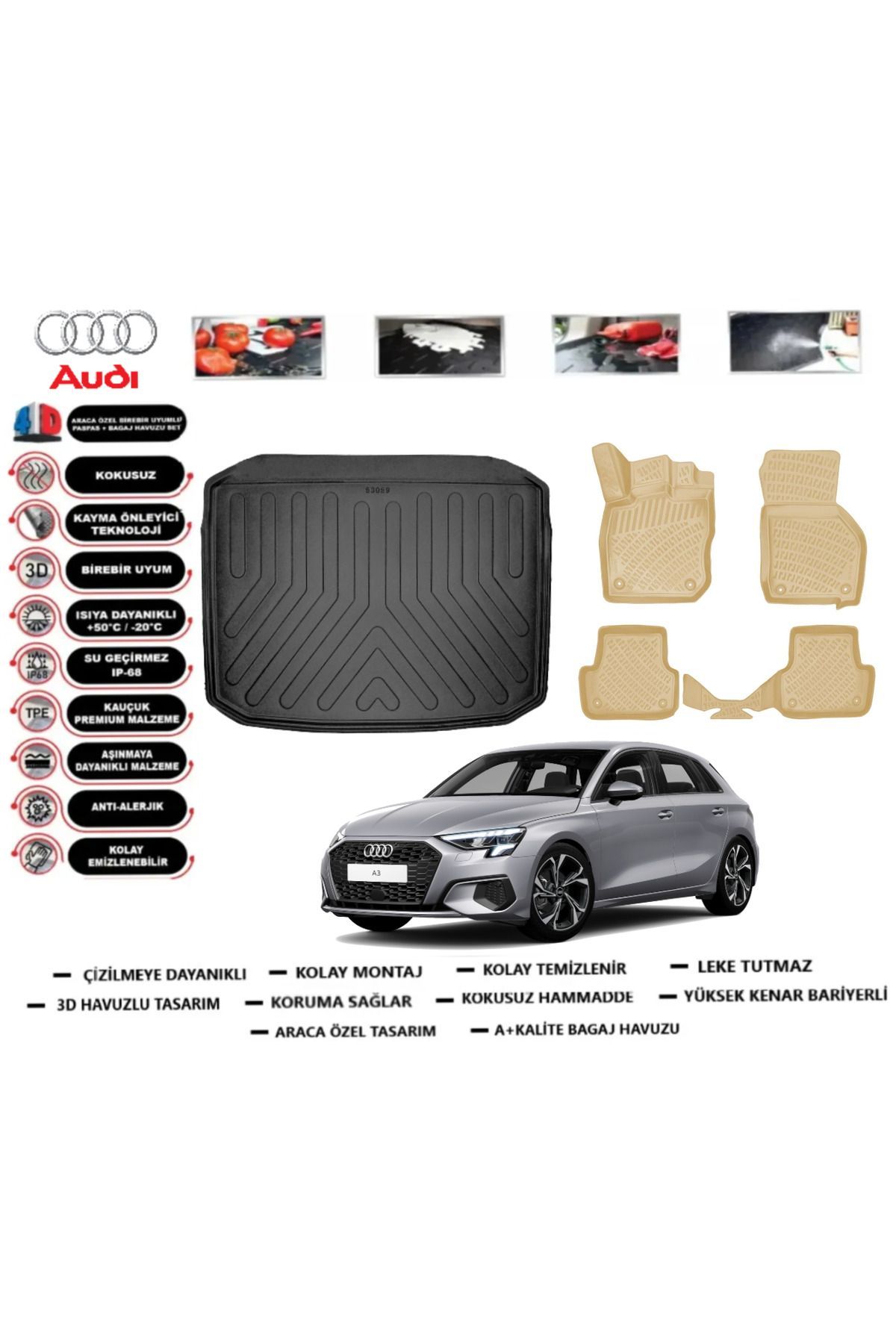 Audi A3 HB 2021 Model Bagaj Havuzu(paspası)+Araca Özel Bej Paspas Takımı Flex