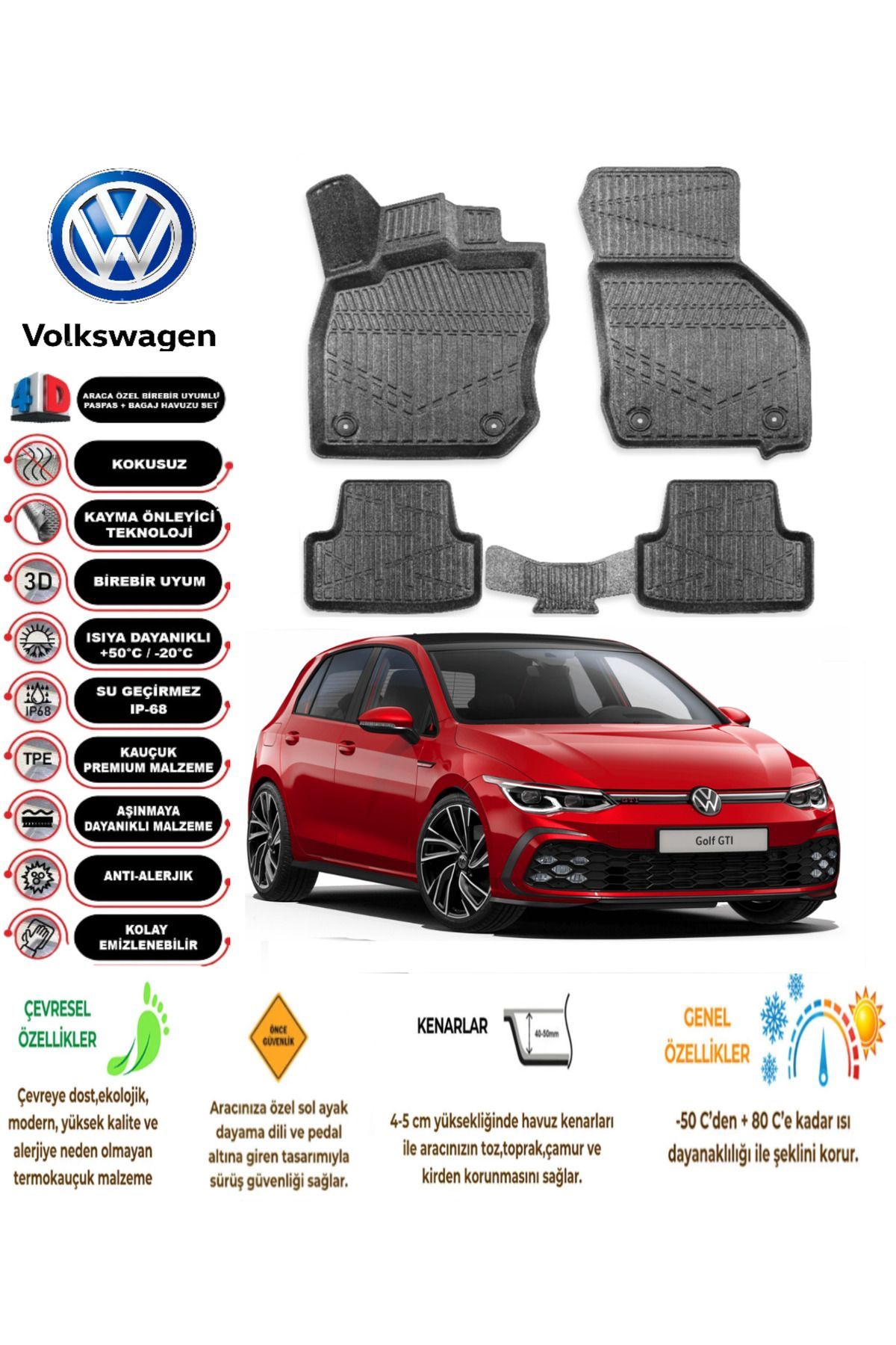 Volkswagen Golf 8 Manuel 2021 Model 4D Araca Özel Havuzlu Paspas Takımı