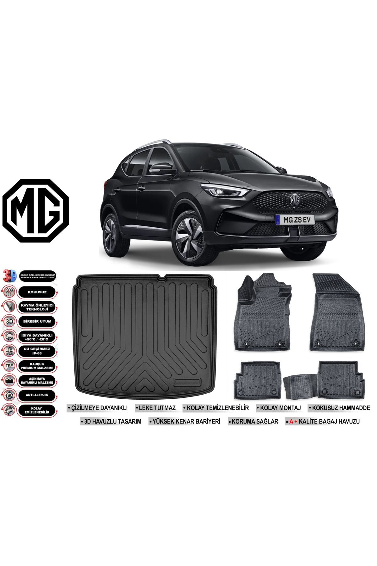MG ZS Elektirikli 2023 Model Alt Bagaj Havuzu Araca Özel Siyah Havuzlu Paspas Takımı Sett