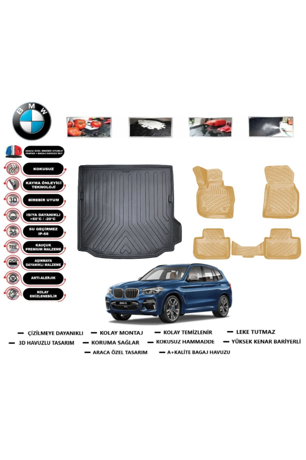 Bmw X3 2019 Model Bagaj Havuzu+Araca Özel Bej Paspas Takımı Flex