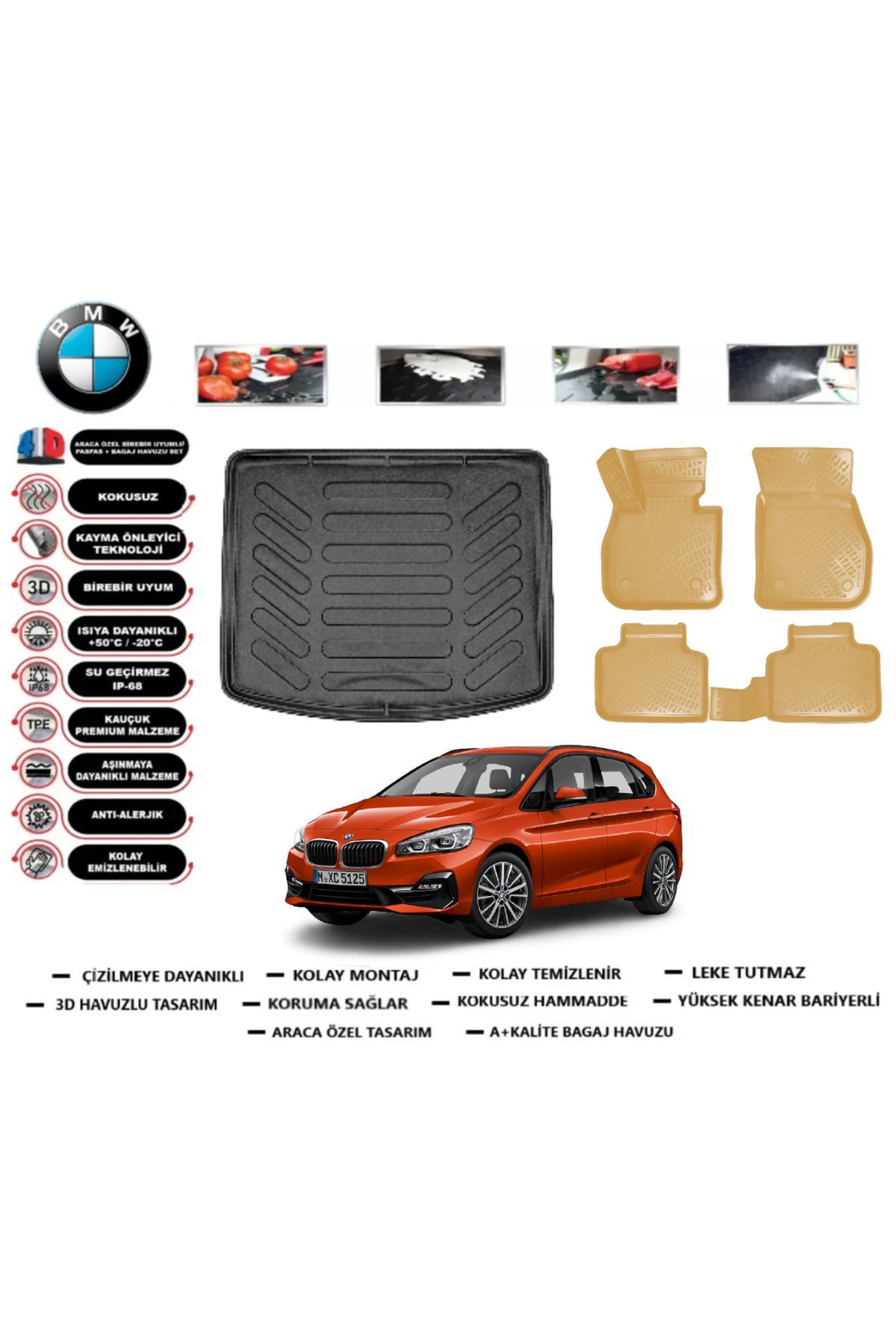 Bmw 2 serisi Active Tourer 2023 Model Bagaj Havuzu+Araca Özel Bej Paspas Takımı Flex