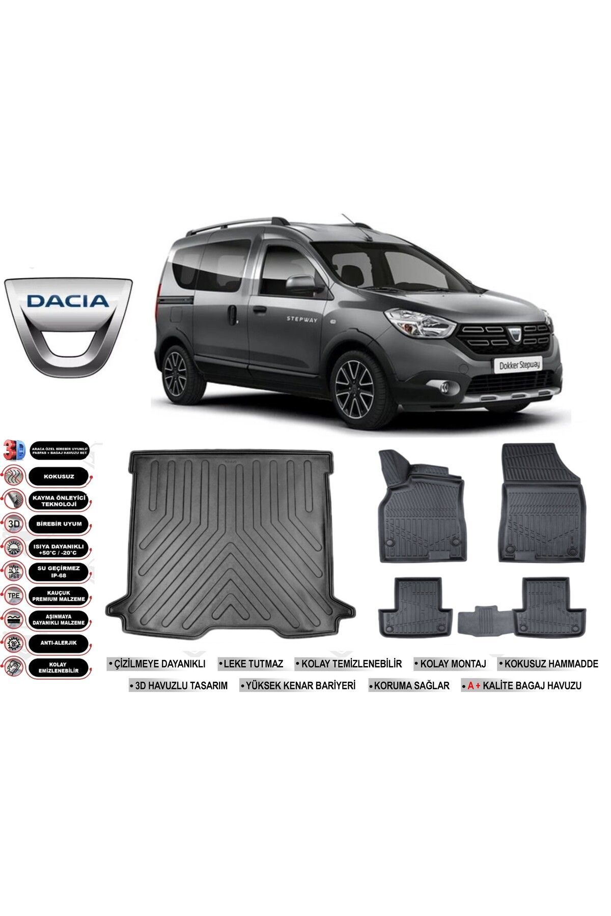 Dacıa Dokker 2019 Model Bagaj Havuzu Araca Özel Siyah Havuzlu Paspas Takımı Sett
