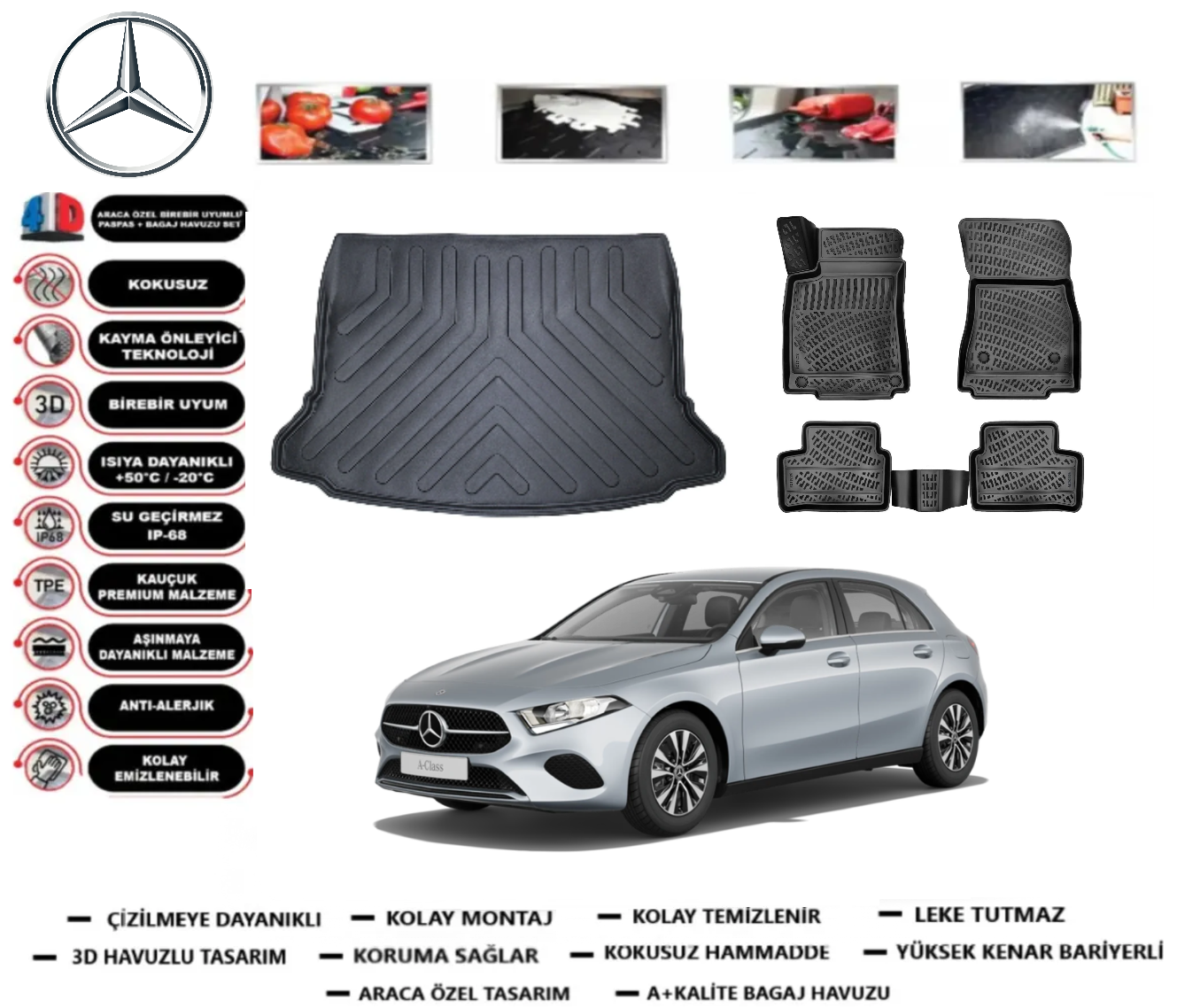 Mercedes A serisi W177 2018 Sonrası 3D Cepli Bagaj Havuzu+3D Araca Özel Paspas Takımı
