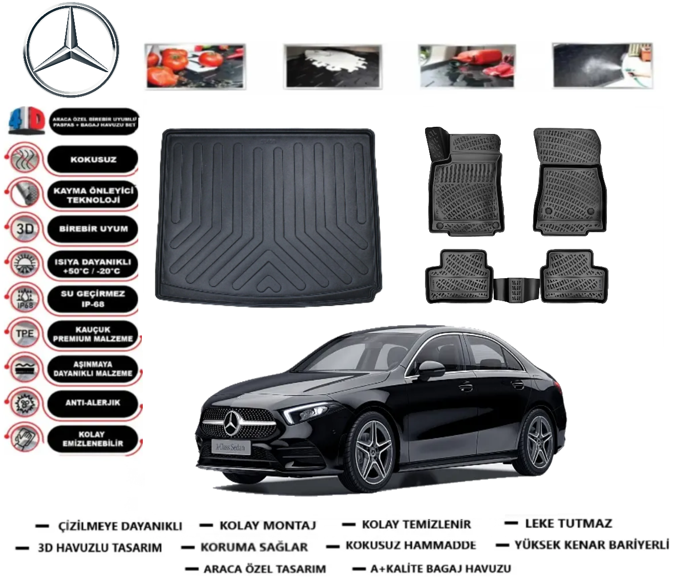 Mercedes A serisi W177 Sedan 2018 Sonrası 3D Cepsiz Bagaj Havuzu+3D Araca Özel Paspas Takımı