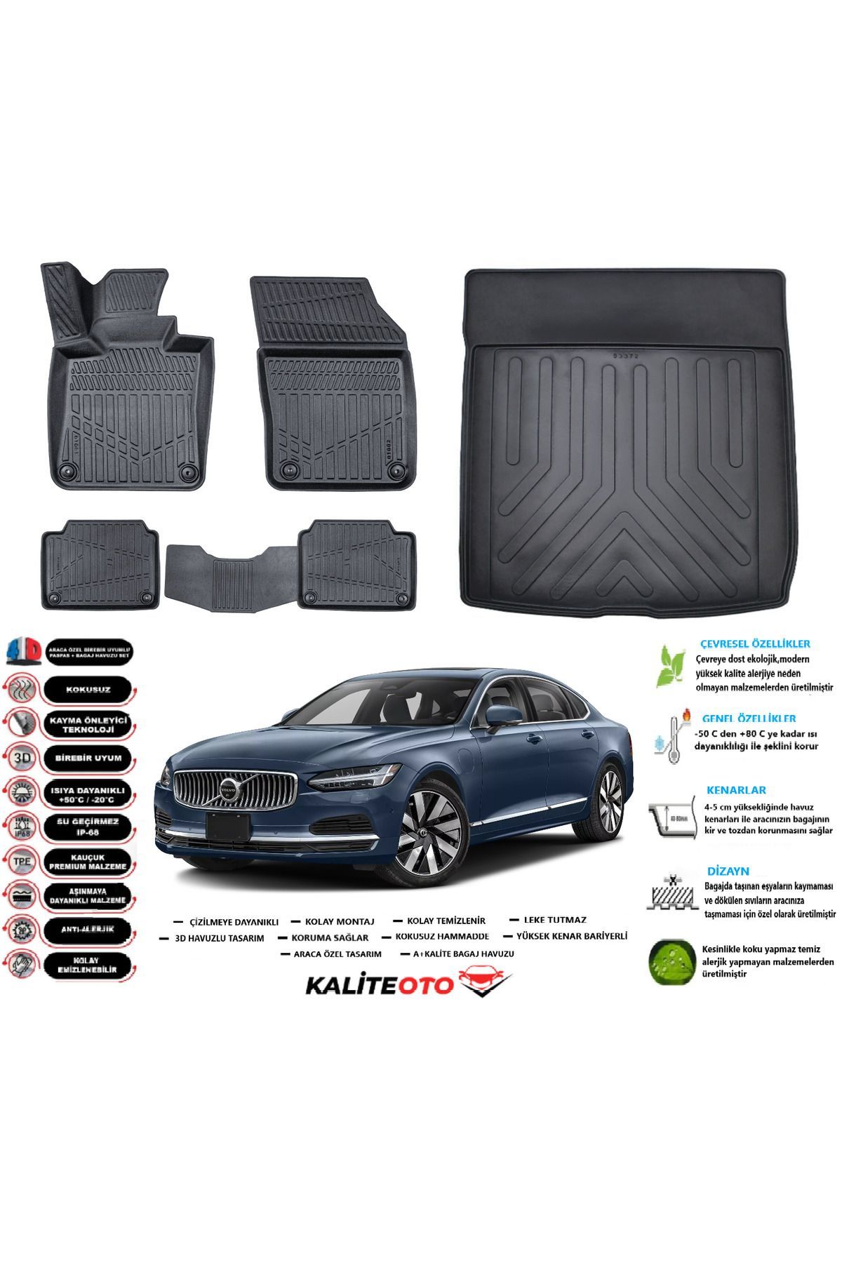 Volvo S90 2016 Model Esnek Bagaj Havuzu Araca Özel Siyah Paspas Takımı