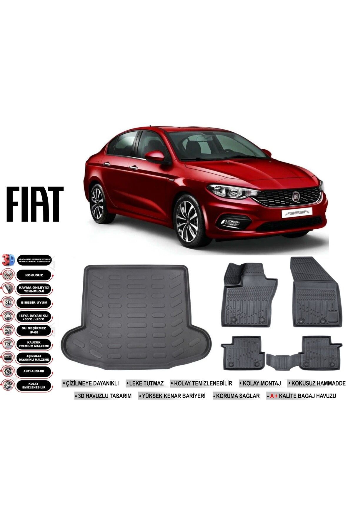 Fiat Egea Sedan 2021 Model Bagaj Havuzu Araca Özel Siyah Havuzlu Paspas Takımı Sett