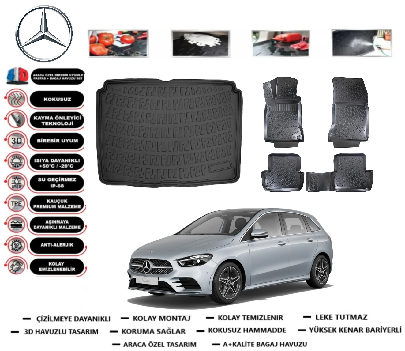 Mercedes-Benz B Serisi 2018 Sonrası W247 Alt Bagaj Havuzu+3D Araca Özel Paspas Takımı