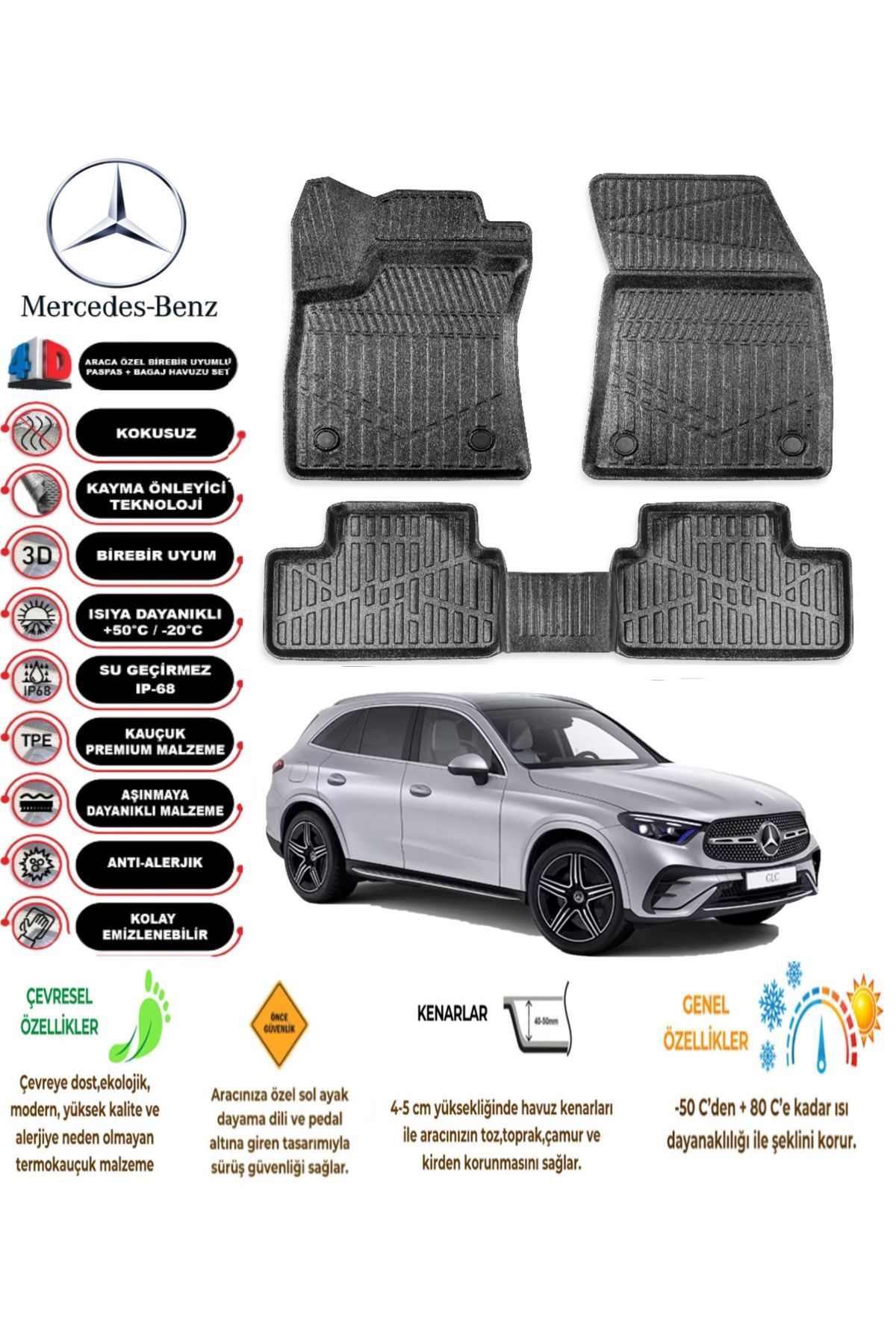 Mercedes GLC 2021 Model 4D Araca Özel Havuzlu Paspas Takımı