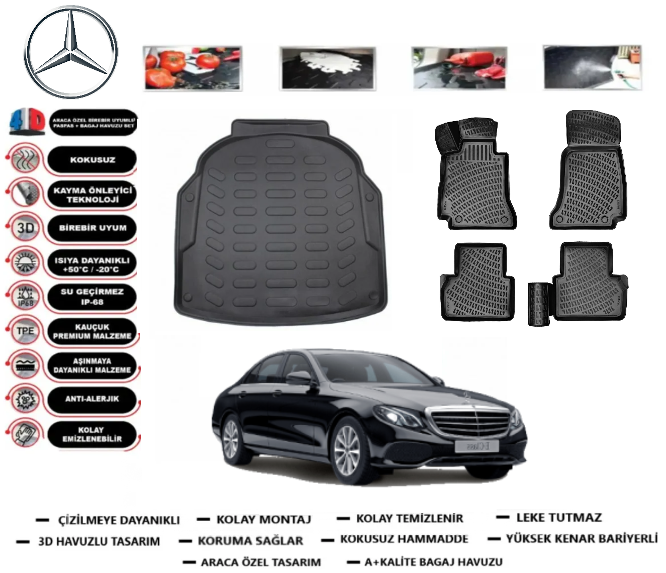 Mercedes E Serisi W213 2016-2023 3D Plastik Bagaj Havuzu+3D Araca Özel Paspas Takımı