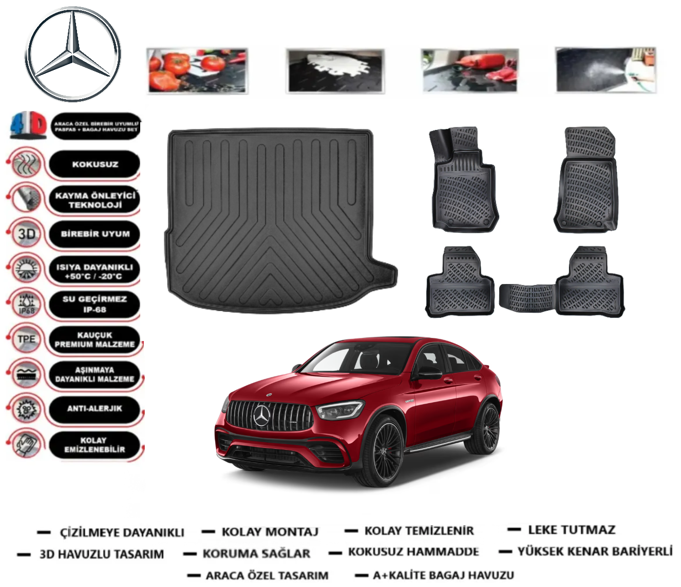 Mercedes GLC Coupe Bagaj Havuzu+3D Araca Özel Havuzlu Paspas Takımı