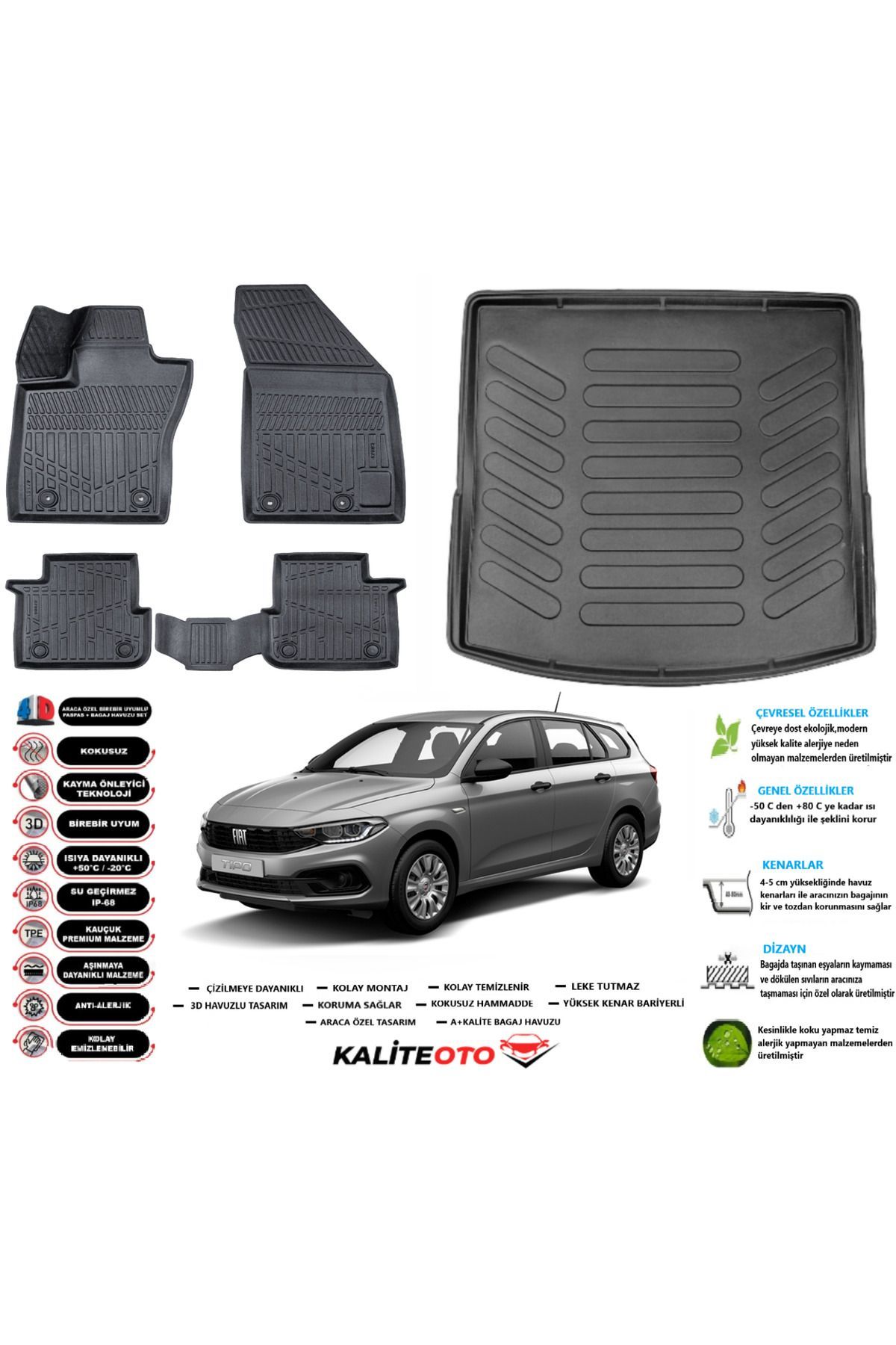 Fiat Egea Station Vagon 2023 Model Üst Esnek Bagaj Havuzu Araca Özel Siyah Paspas Takımı
