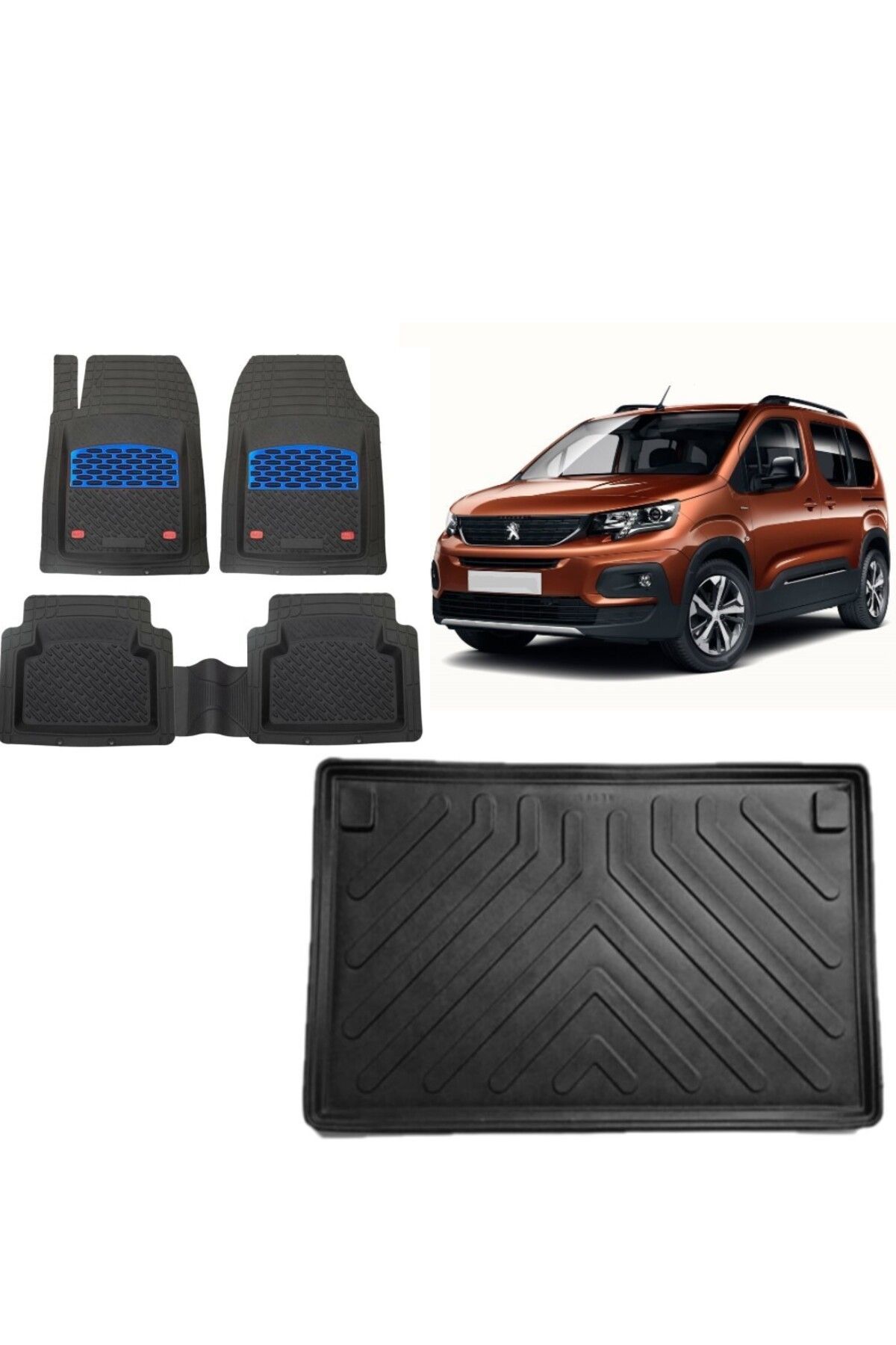 Peugeot Rifter 2024 Model Seperatörlü 3D Bagaj Havuzu+3D Havuzlu Safir Mavi Kromlu Paspas