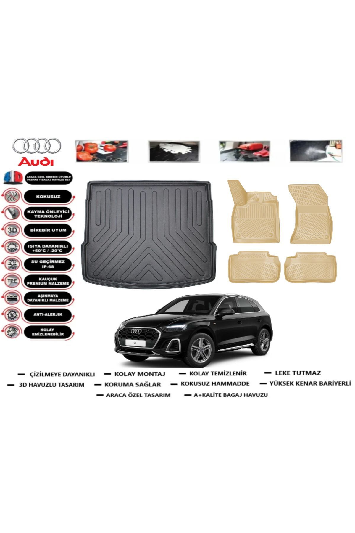 Audi Q5 2018 Model Bagaj Havuzu+Araca Özel Bej Paspas Takımı Flex