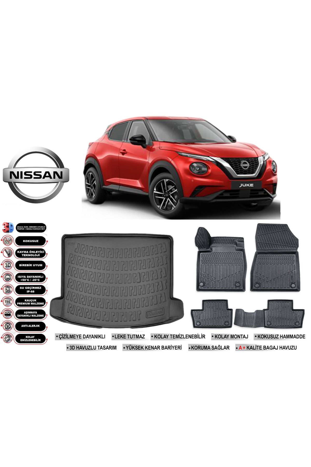 Nisan Juke 2025 Model Üst Bagaj Havuzu Araca Özel Siyah Havuzlu Paspas Takımı Sett