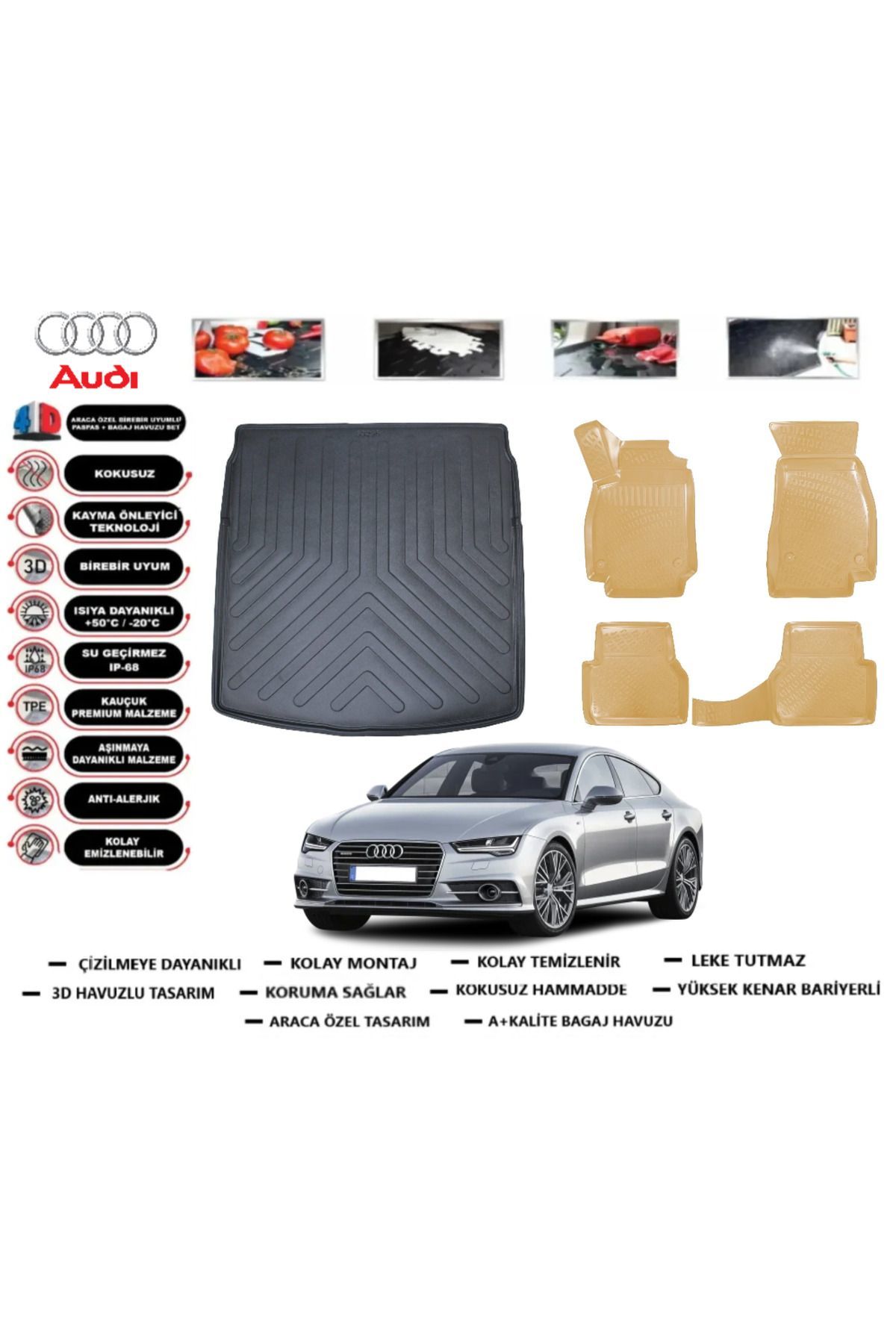 Audi A7 2020 Model Bagaj Havuzu+Araca Özel Bej Paspas Takımı Flex