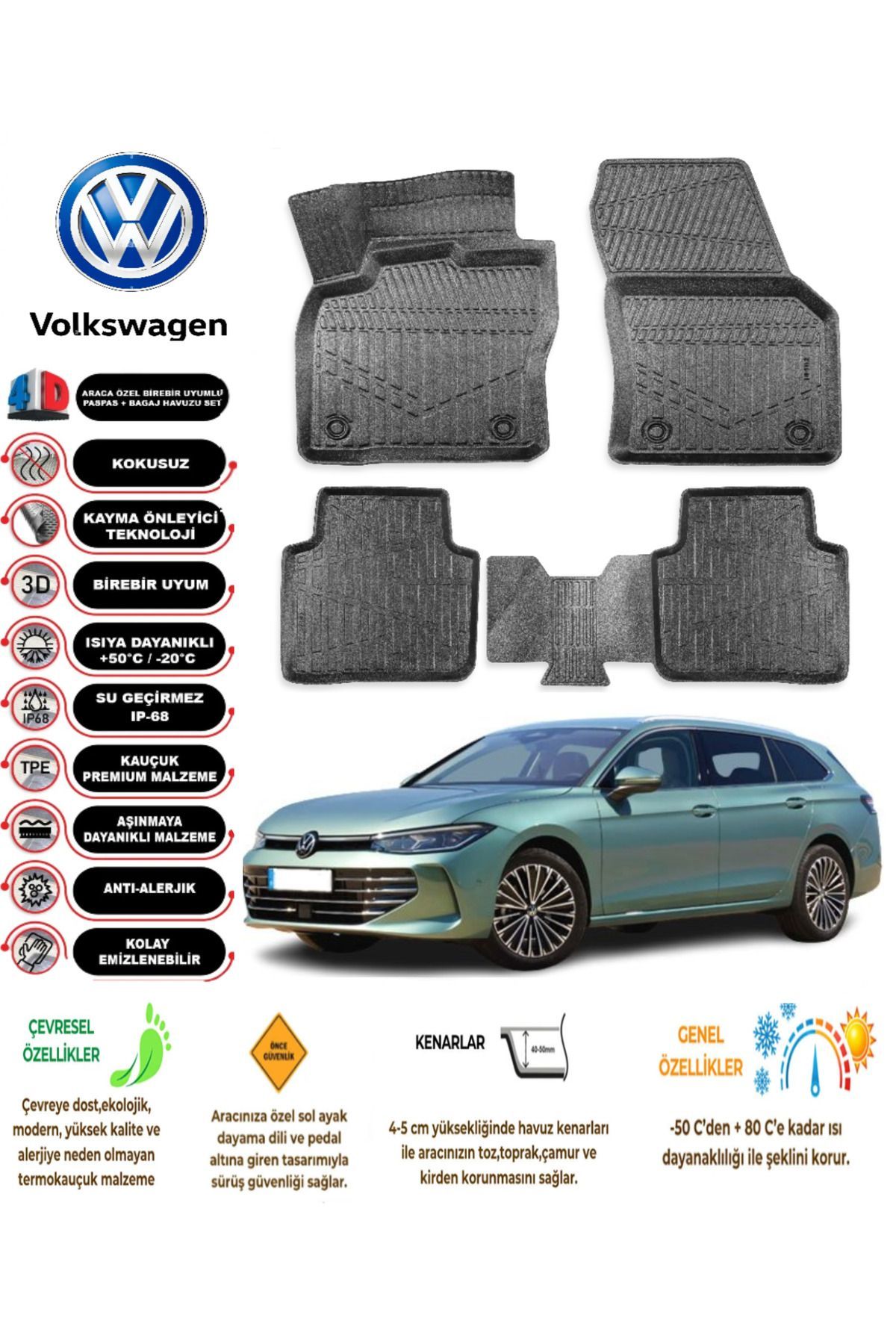 Volkswagen Passat B9 2024 Sonrası 4D Araca Özel Havuzlu Kokusuz Paspas Takımı