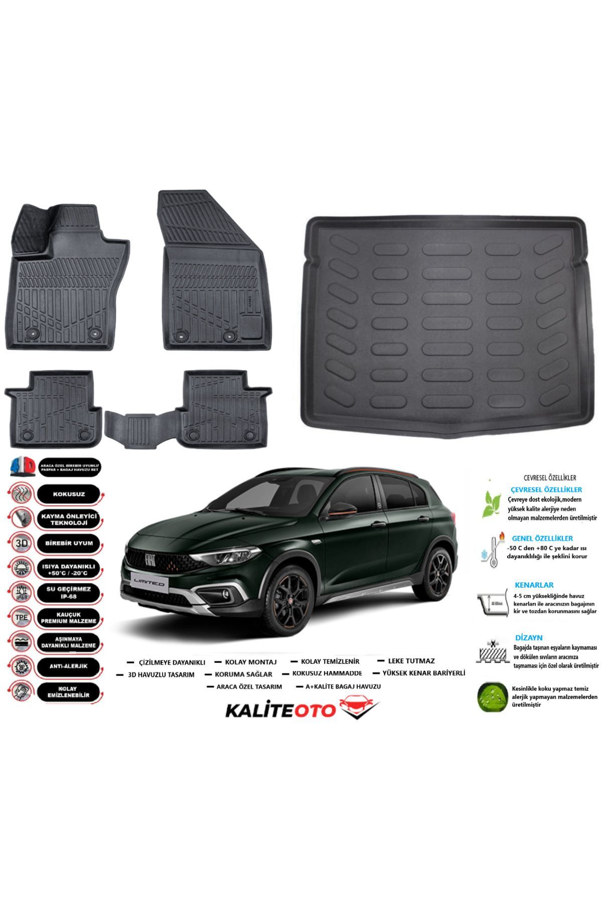 Fiat Egea Cross 2024 Model Stepneli Esnek Bagaj Havuzu Araca Özel Siyah Kokusuz Paspas Takımı