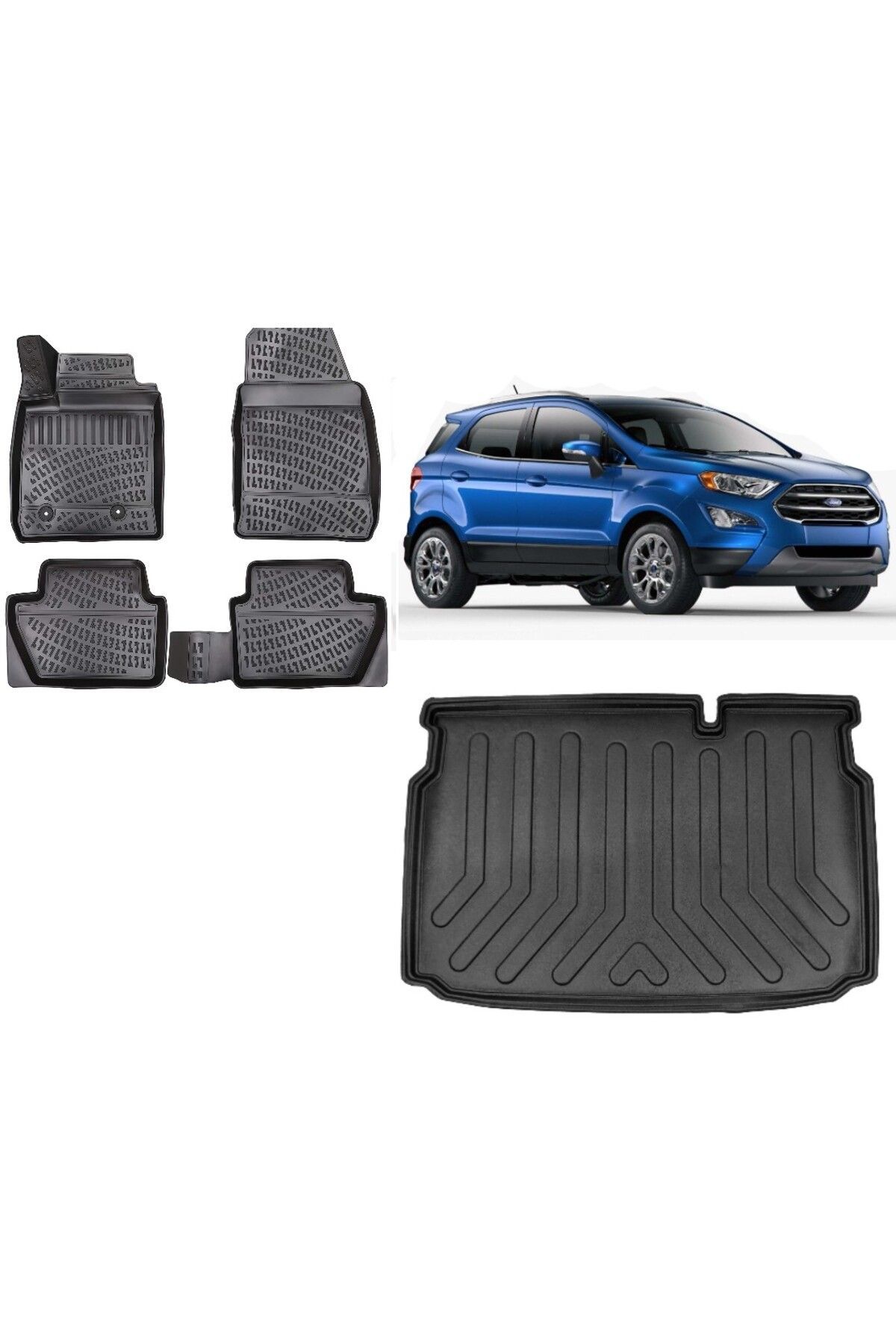 Ecosport 2022 Model Alt Kademe 3D Bagaj Havuzu+3D Havuzlu Araca Özel Paspas Takımı