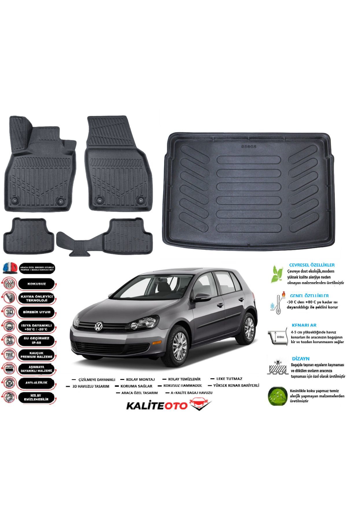 Volkswagen Golf 6 2010 Model Esnek Bagaj Havuzu Araca Özel Siyah Paspas Takımı