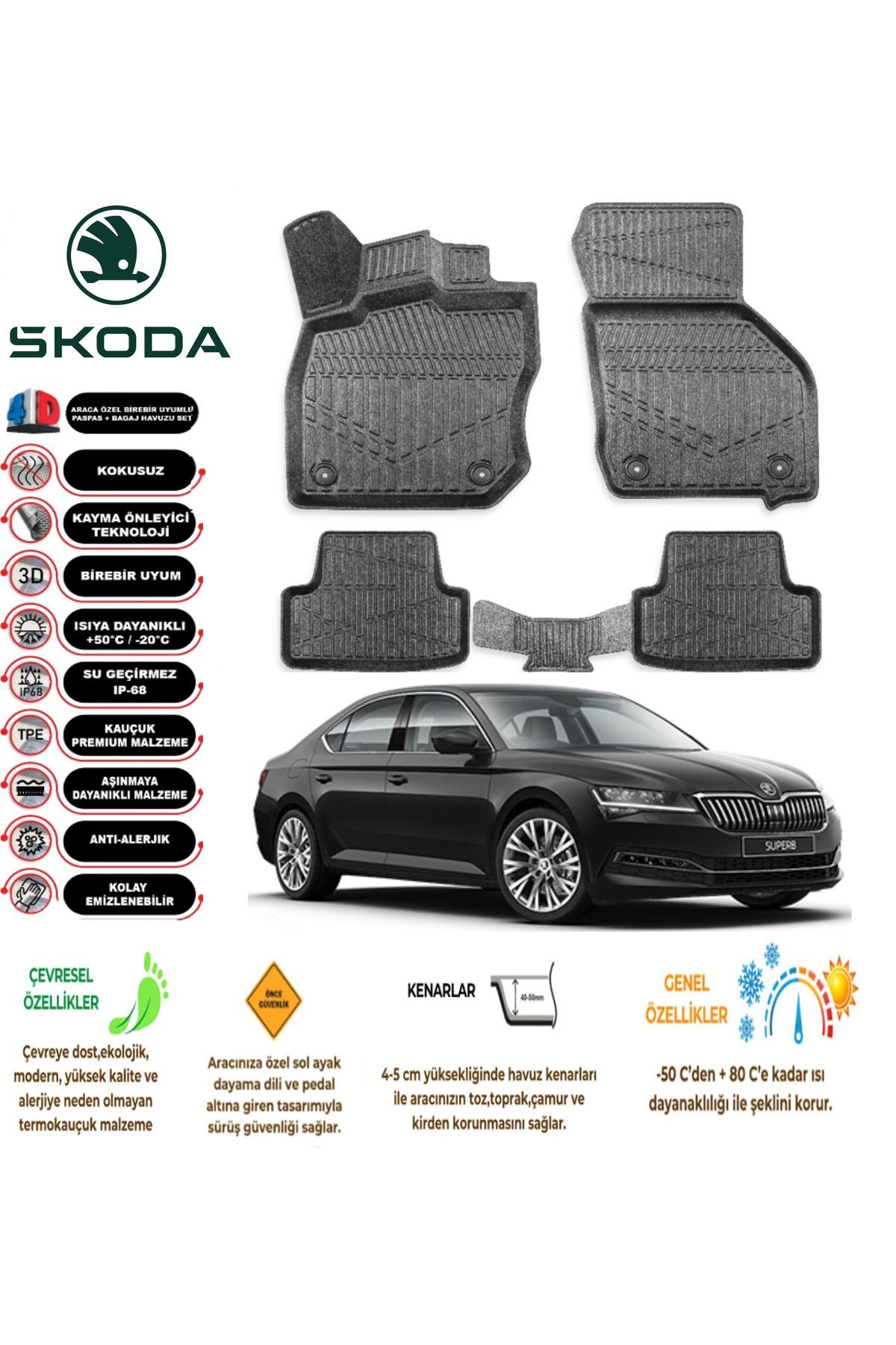 Skoda Super B 2024 Model 4D Araca Özel Havuzlu Paspas Takımı