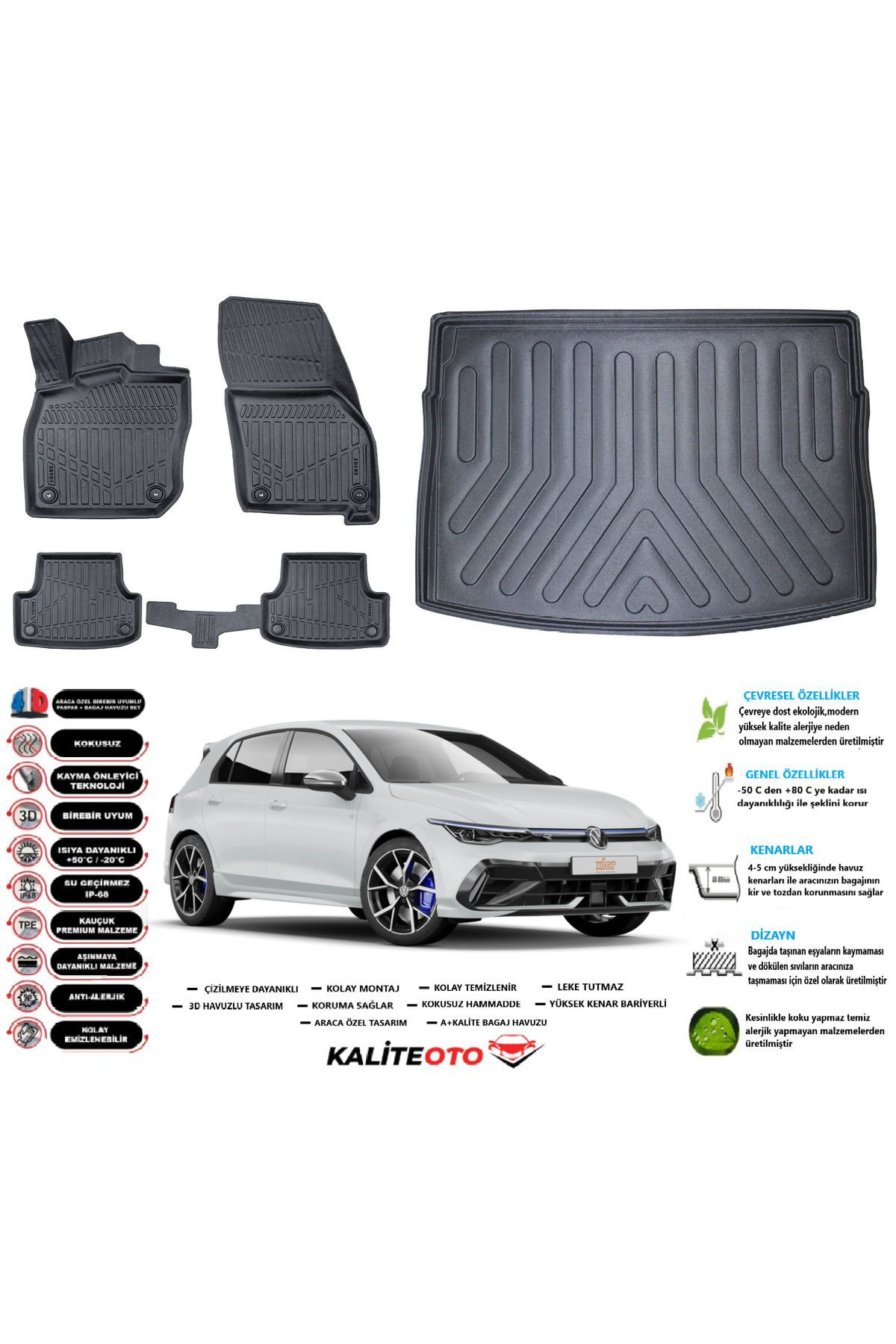 Volkswagen Golf 8 Otomatik 2025 Model Üst Esnek Bagaj Havuzu Araca Özel Siyah Paspas Takımı