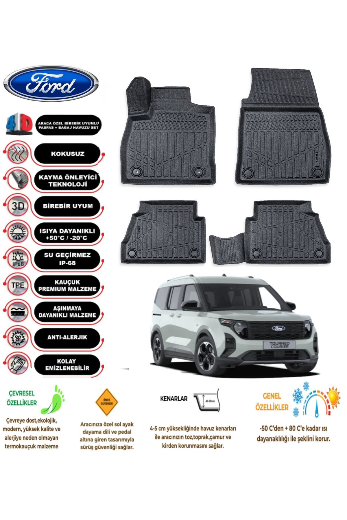 Ford Courier 2024 Sonrası 4D Araca Özel Havuzlu Kokusuz Paspas Takımıı