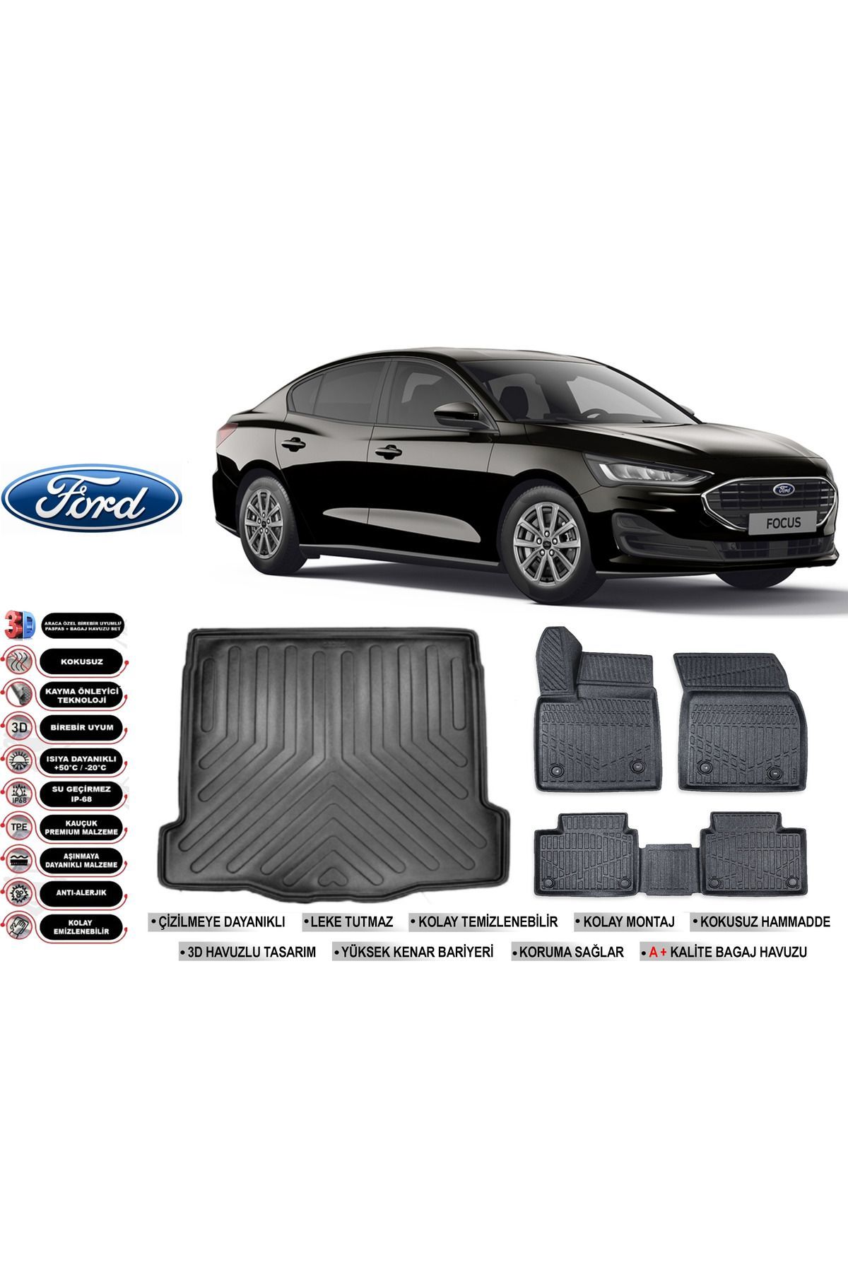 Ford Focus 5 Sedan 2022 Model İnce Stepneli Bagaj Havuzu Araca Özel Siyah Havuzlu Paspas Takımı Sett