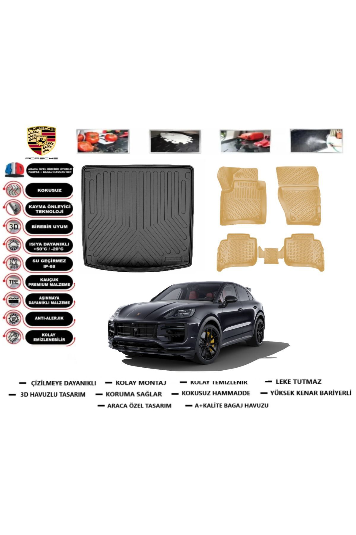 Porsche Cayenne 2025 Model Bagaj Havuzu(paspası)+Araca Özel Bej Paspas Takımı Flex