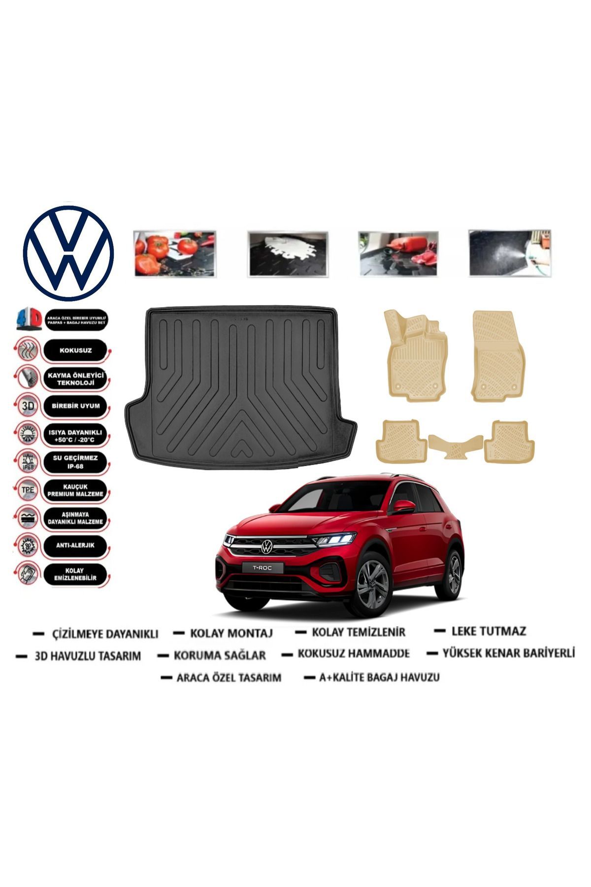 Volkswagen T-Roc 2017 Model Üst Bagaj Havuzu(paspası)+Araca Özel Bej Paspas Takımı Flex