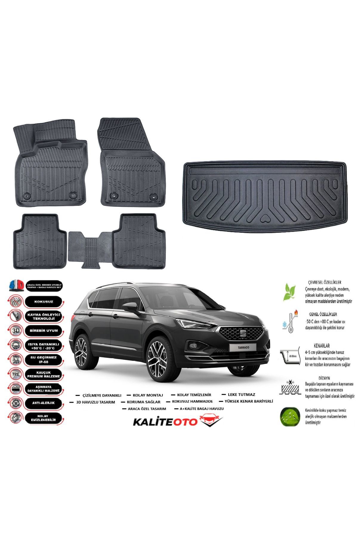 Seat Taracco 2019 Model 7 Koltuk Esnek Bagaj Havuzu Araca Özel Siyah Paspas Takımı