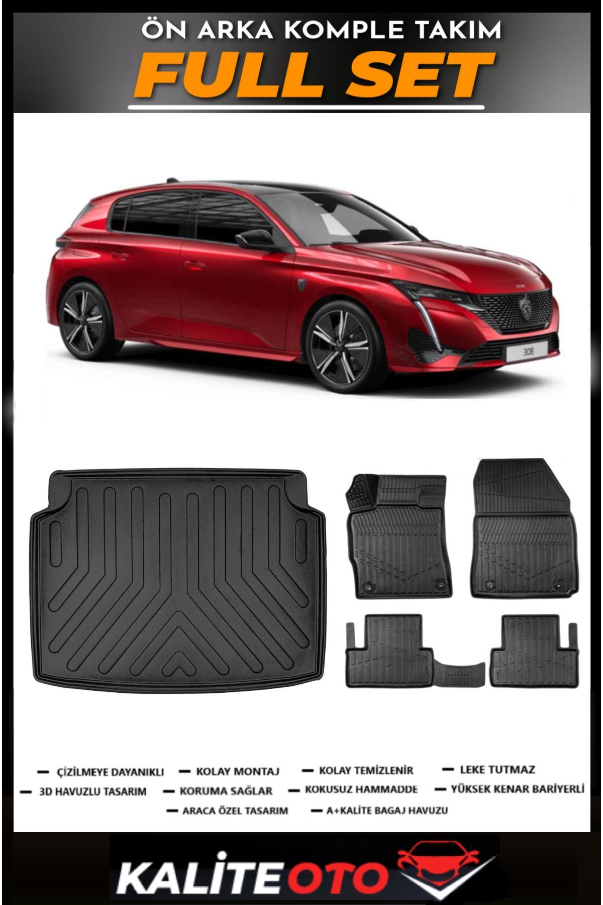 Peugeot 308 Bagaj Havuzu+4.5D Havuzlu Paspas Seti 2024 Model