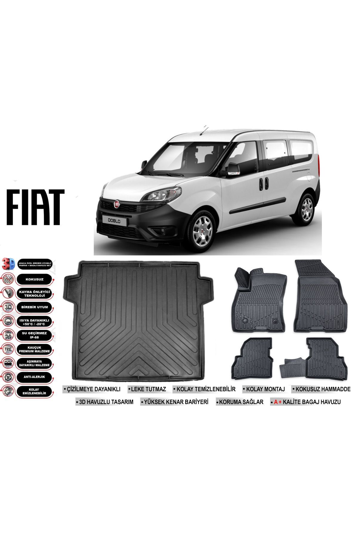 Fiat Doblo Maxi 2014 Model Bagaj Havuzu Araca Özel Siyah Havuzlu Paspas Takımı Sett