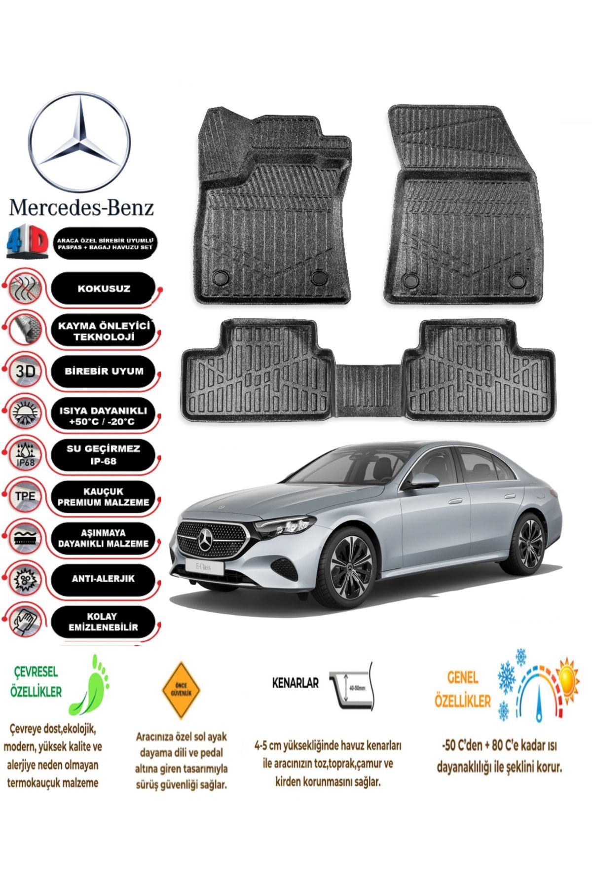 Mercedes E Serisi W214 2023 Sonrası 4D Araca Özel Havuzlu Kokusuz Paspas Takımı