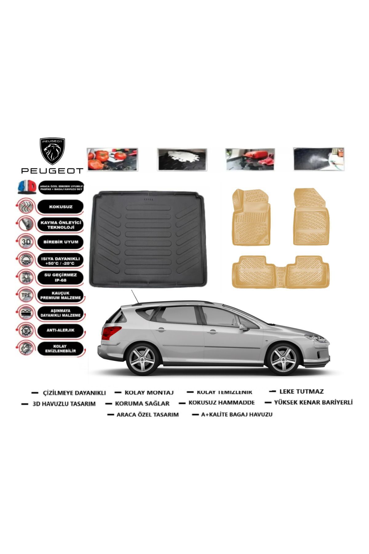 Peugeot 407 STW 2004 Model Bagaj Havuzu(paspası)+Araca Özel Bej Paspas Takımı Flex