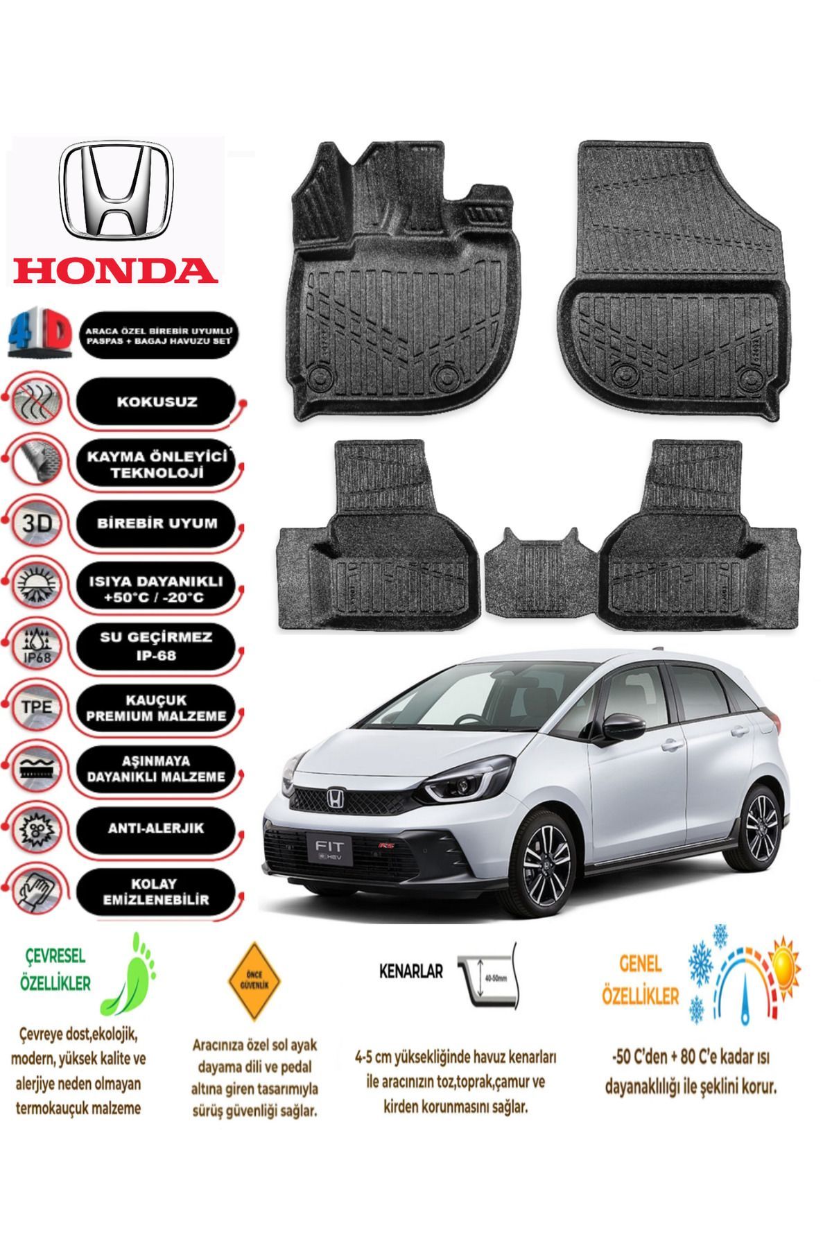 Honda Jazz 2023 Model 4D Araca Özel Havuzlu Kokusuz Paspas Takımı