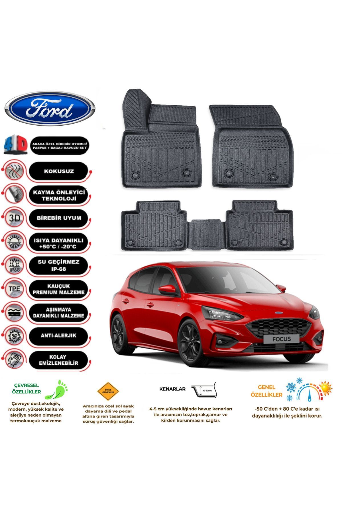 Ford Focus 5 Hatchback 2019 Sonrası 4D Araca Özel Havuzlu Kokusuz Paspas Takımıı